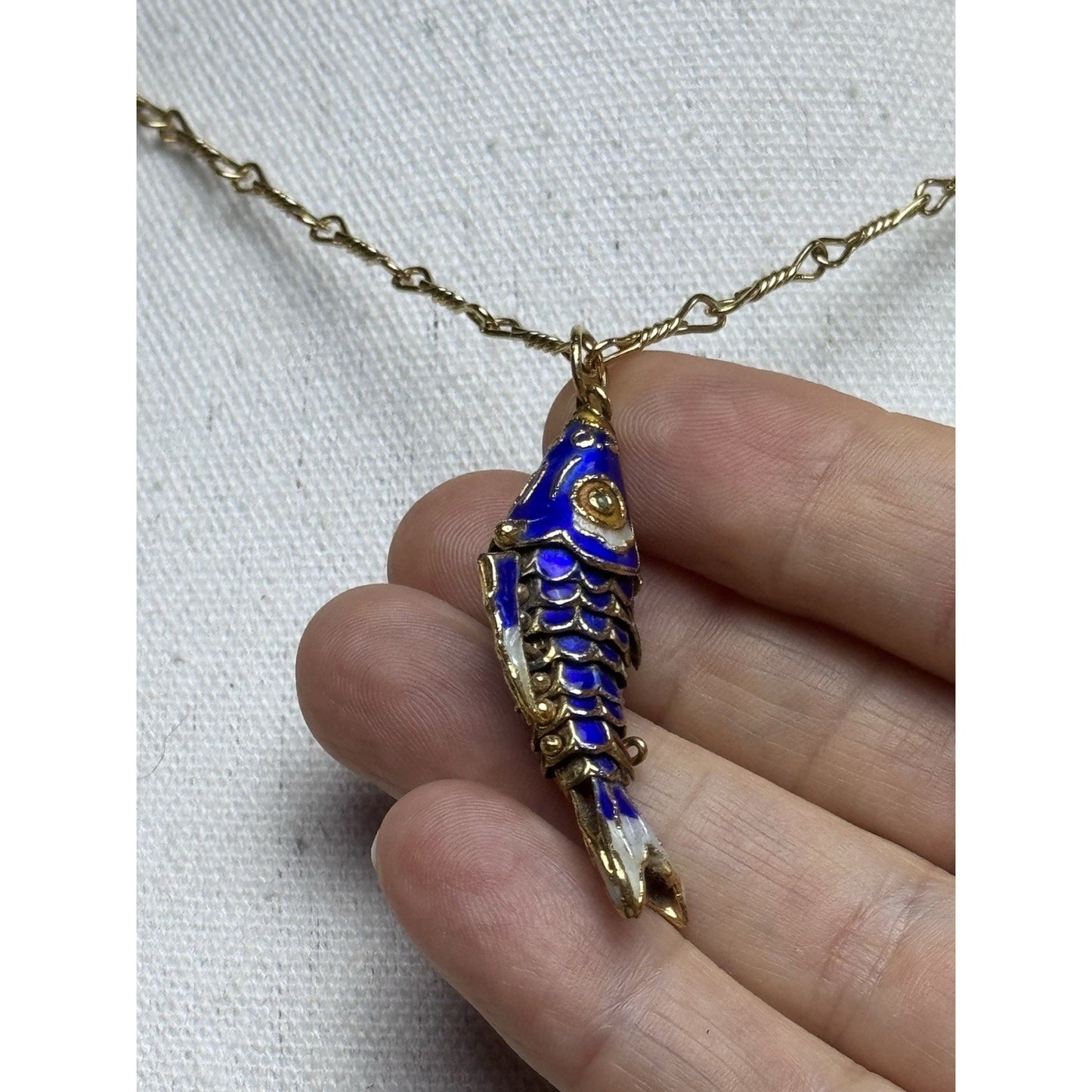 Articulated Koi Fish Pendant Necklace Blue Enamel Goldtone 28” Monet Chain