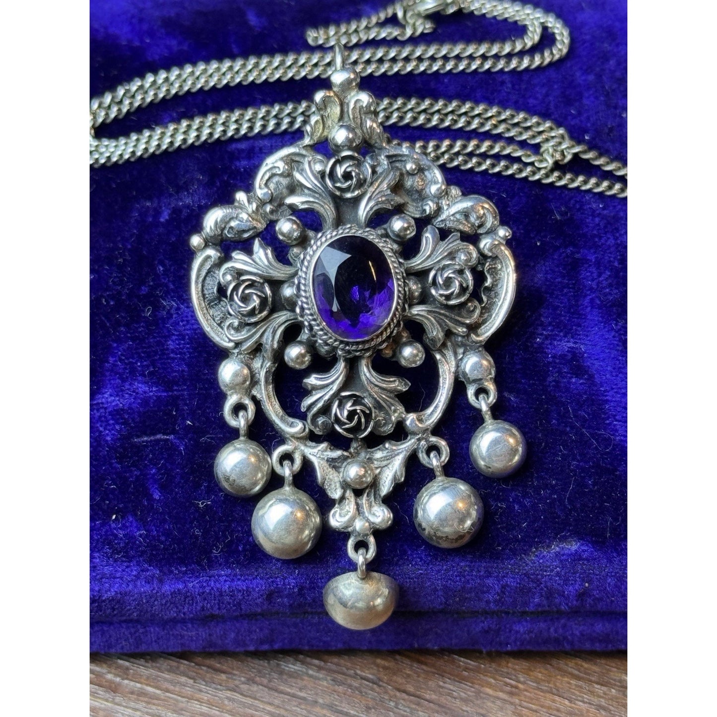 PERUZZI 800 Silver Florence Pendant Brooch Renaissance Revival Purple Stone