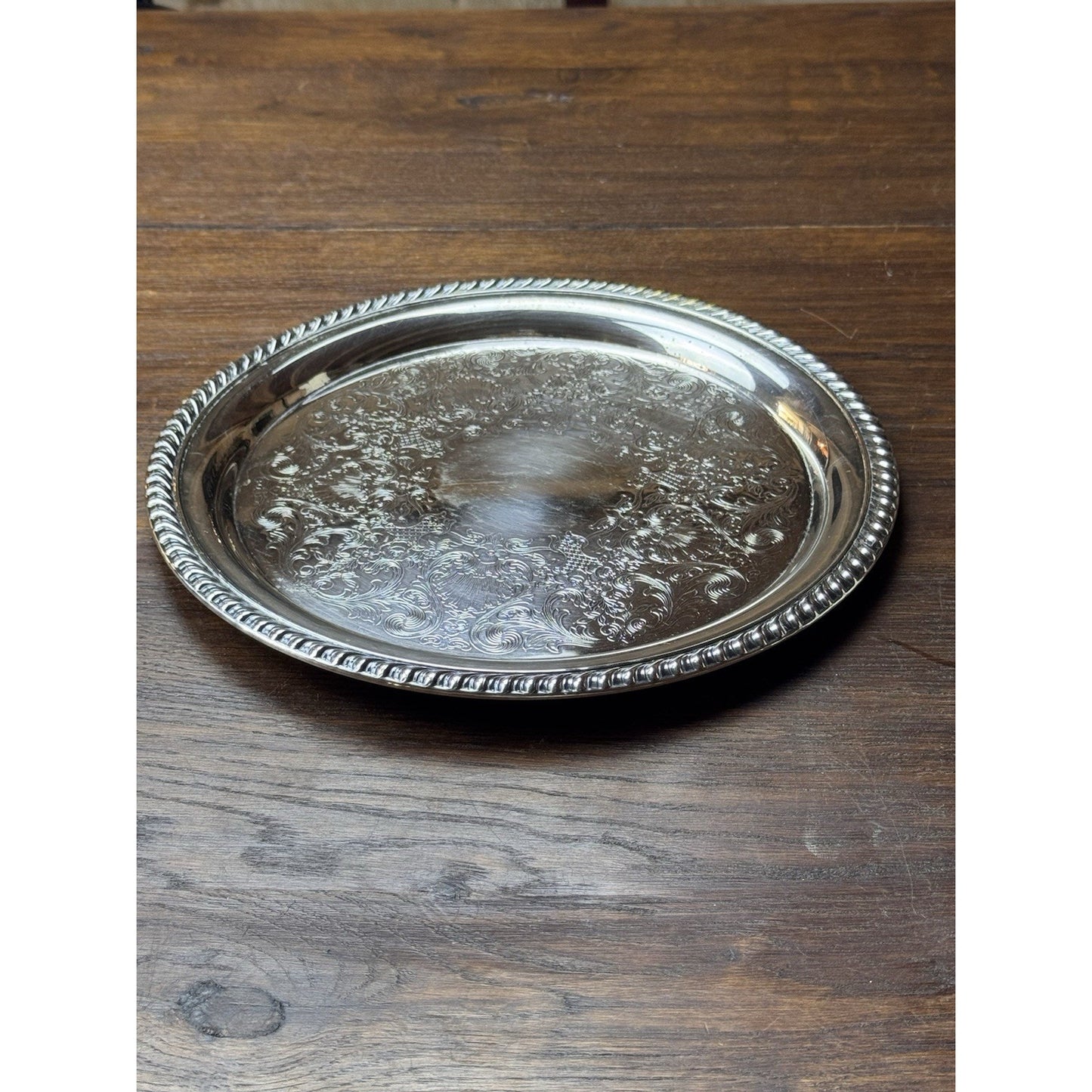 Silverplate Round Serving Tray WM Rogers Ornate Floral Rope Edge 10” VINTAGE