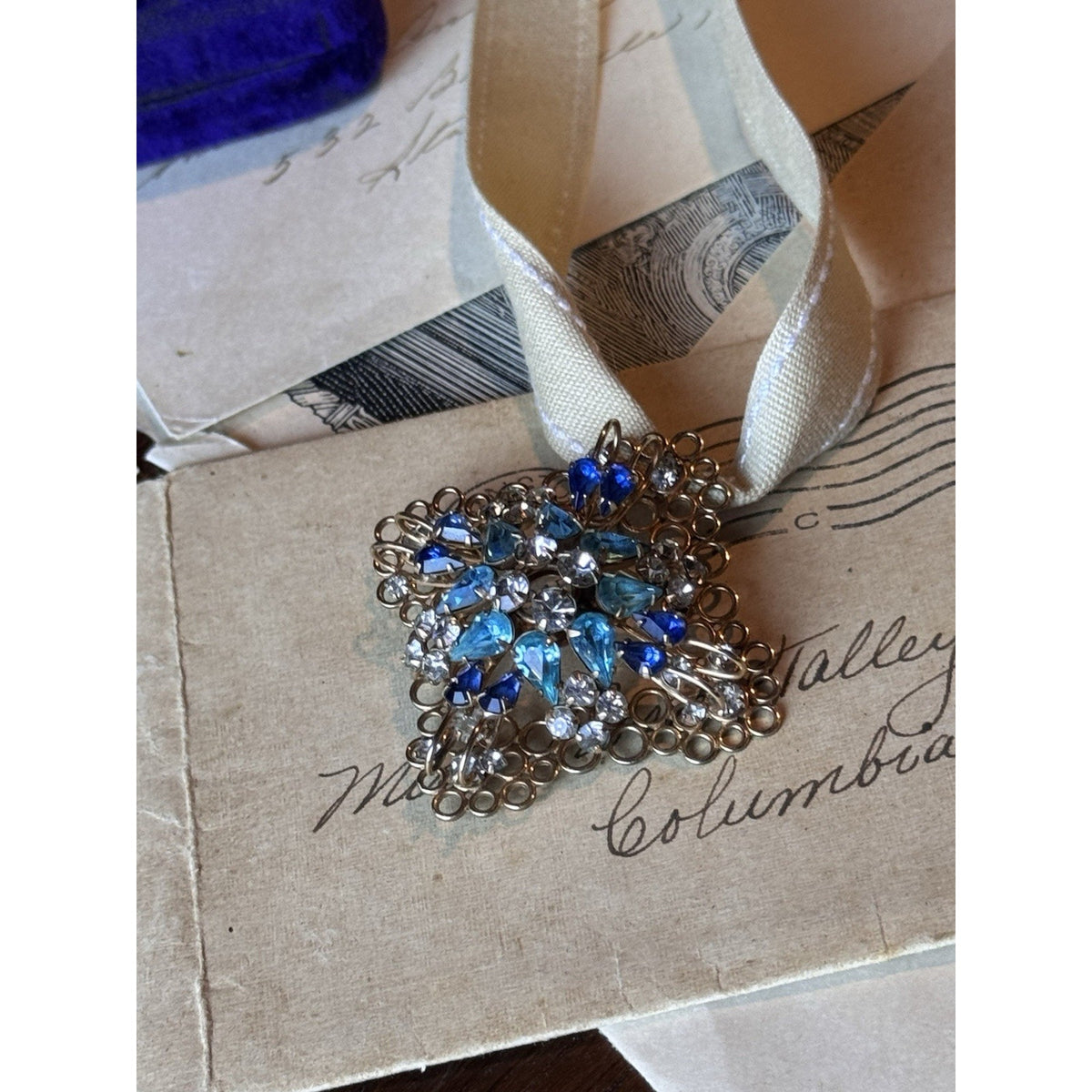 Deri Brooch Pendant Blue Rhinestone Gold Filled SIGNED 2” Vintage