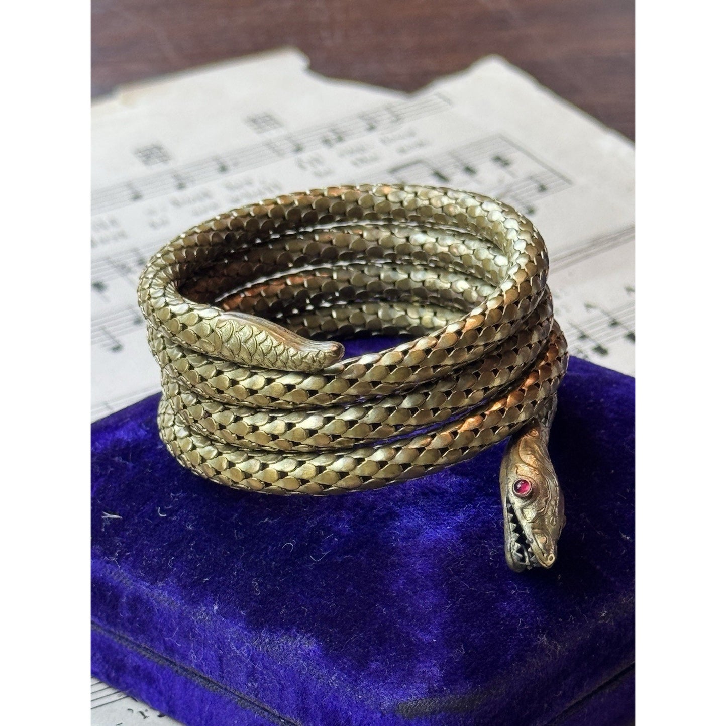 Snake Coil Bracelet Victorian STYLE Goldtone Red Glass Eyes 6.25” x 1”