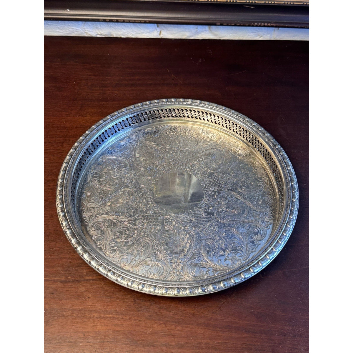 Silverplate Gallery Tray Chased Floral Shell Reticulated Edge Serving 12.5”