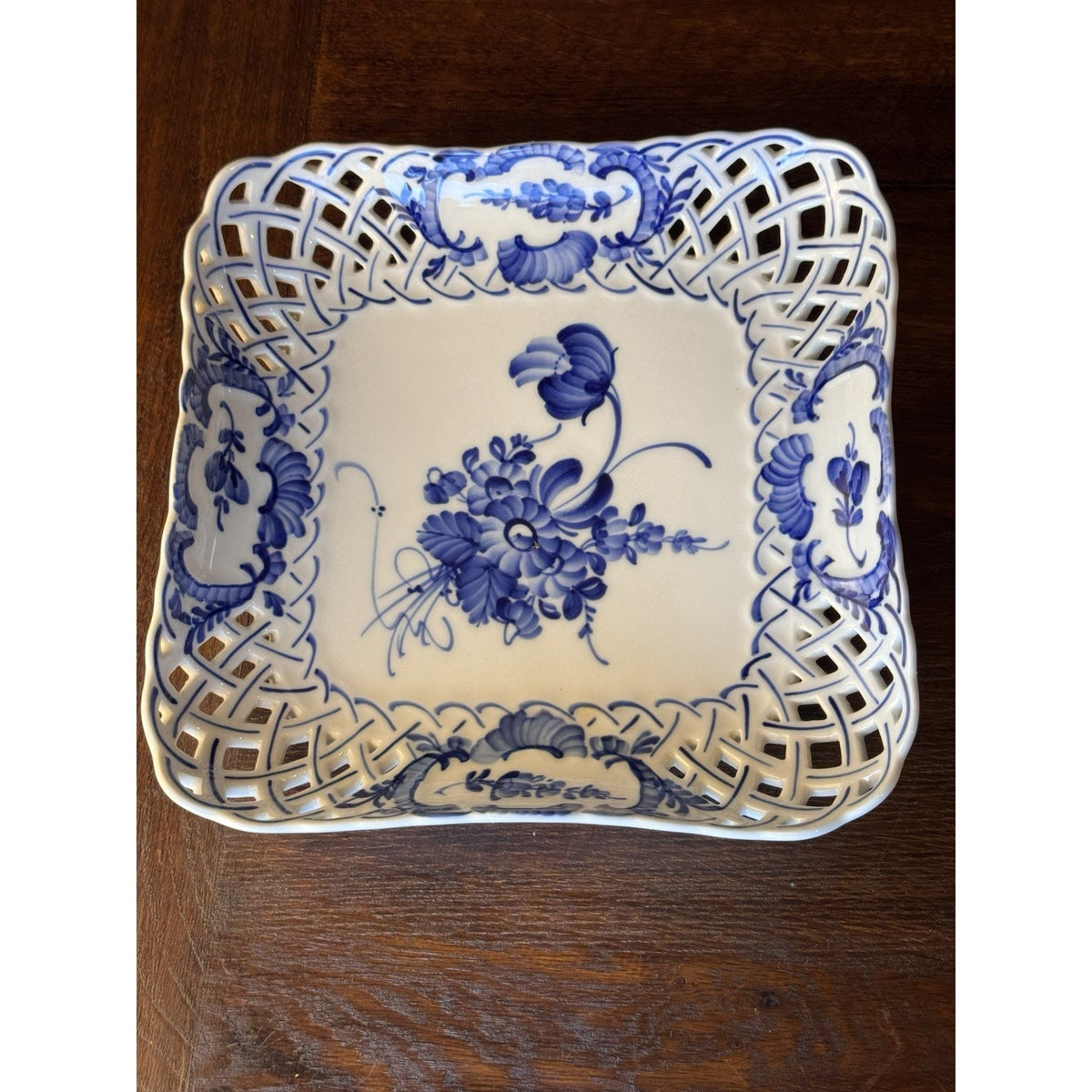 Royal Copenhagen Porcelain Reticulated Blue White Square Bowl 9.25” VINTAGE