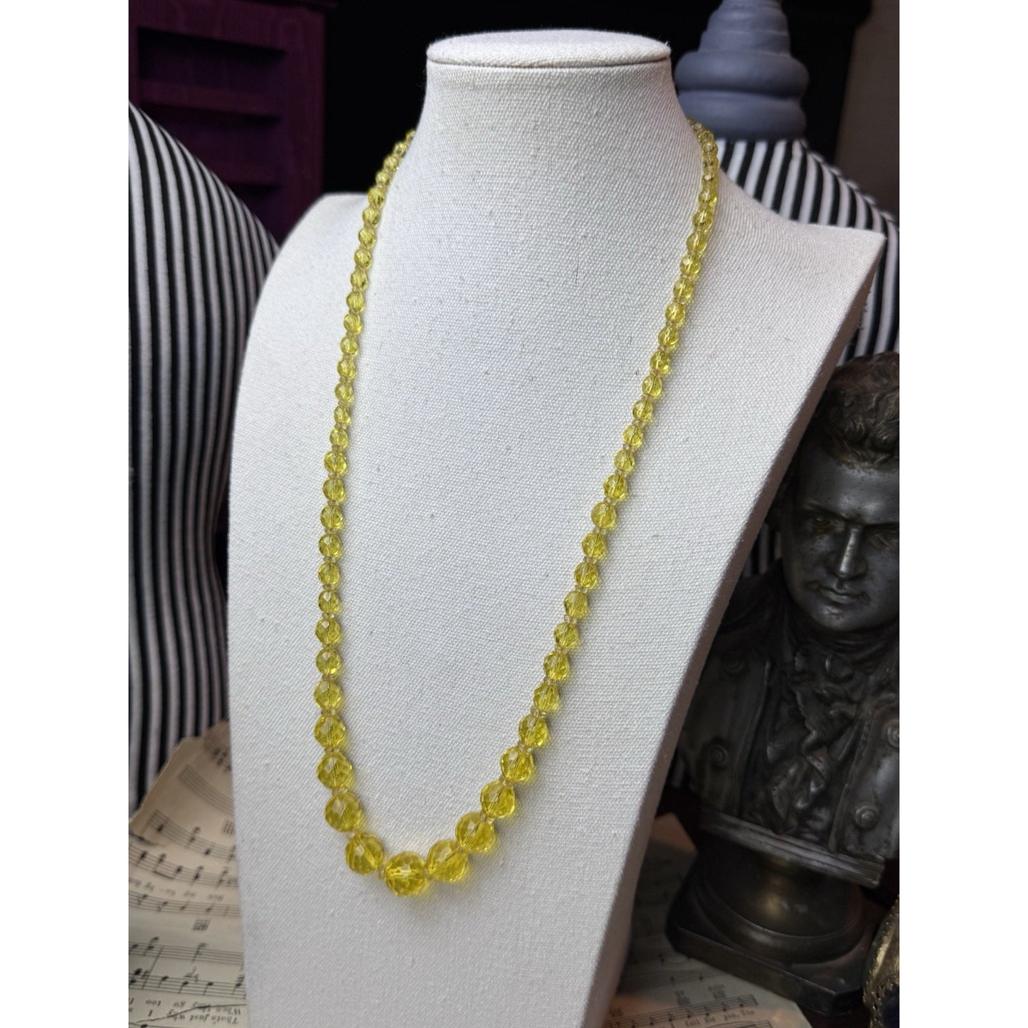 Vintage Lemon Glass Bead Necklace Faceted Graduated 27” No Clasp Czech Style