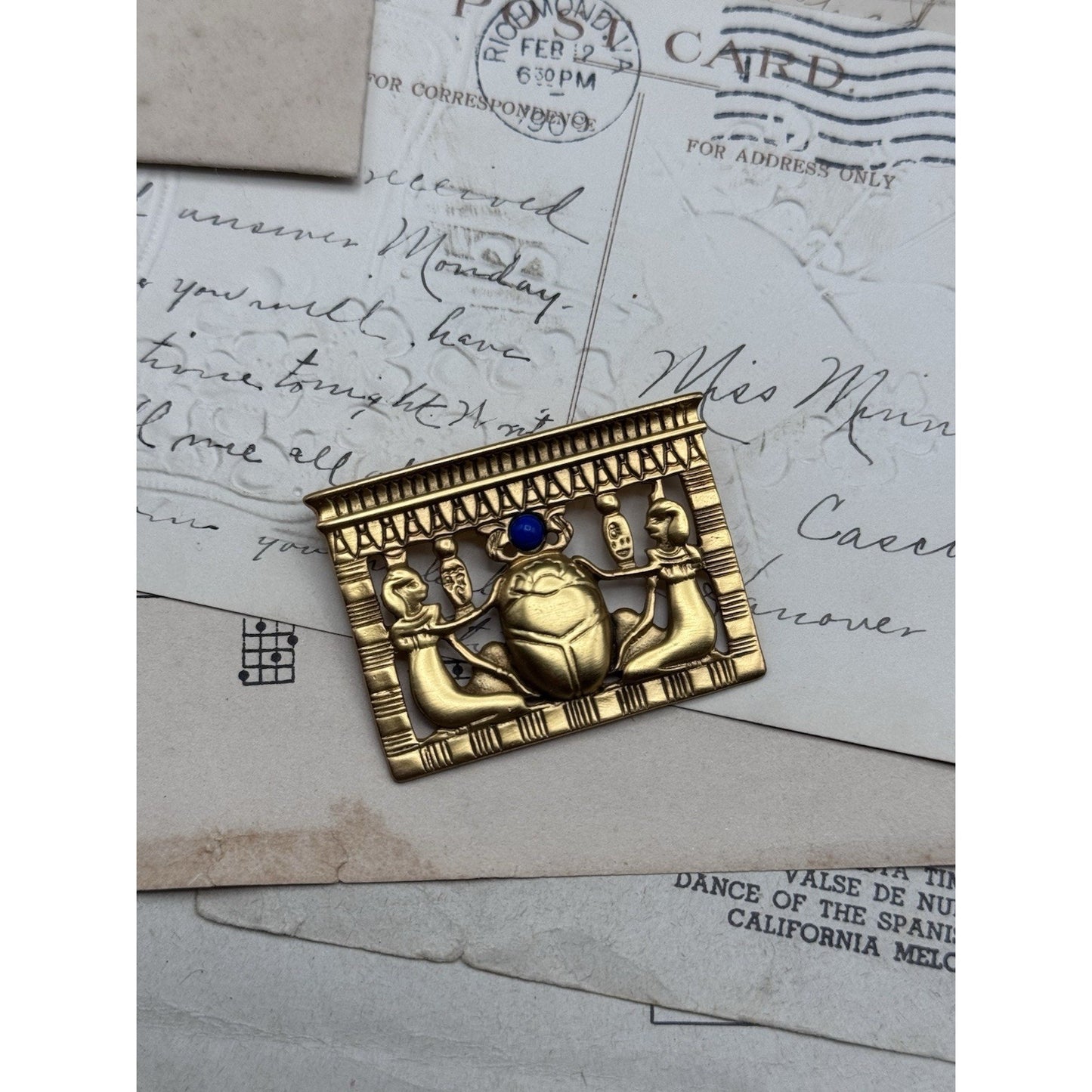 Egyptian Revival Goldtone Scarab Brooch Blue Cabochon 1.75” ESTATE FIND