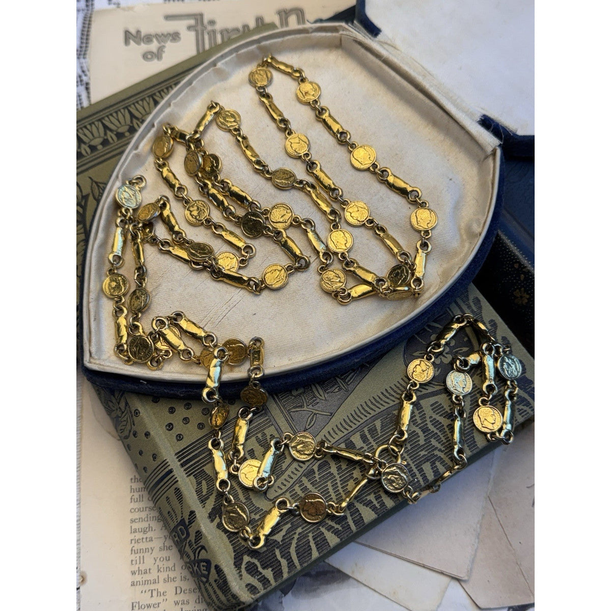 Goldtone Necklace Napoleon Coin Bar Link Chain Vintage Long Layering Sautoir 62”