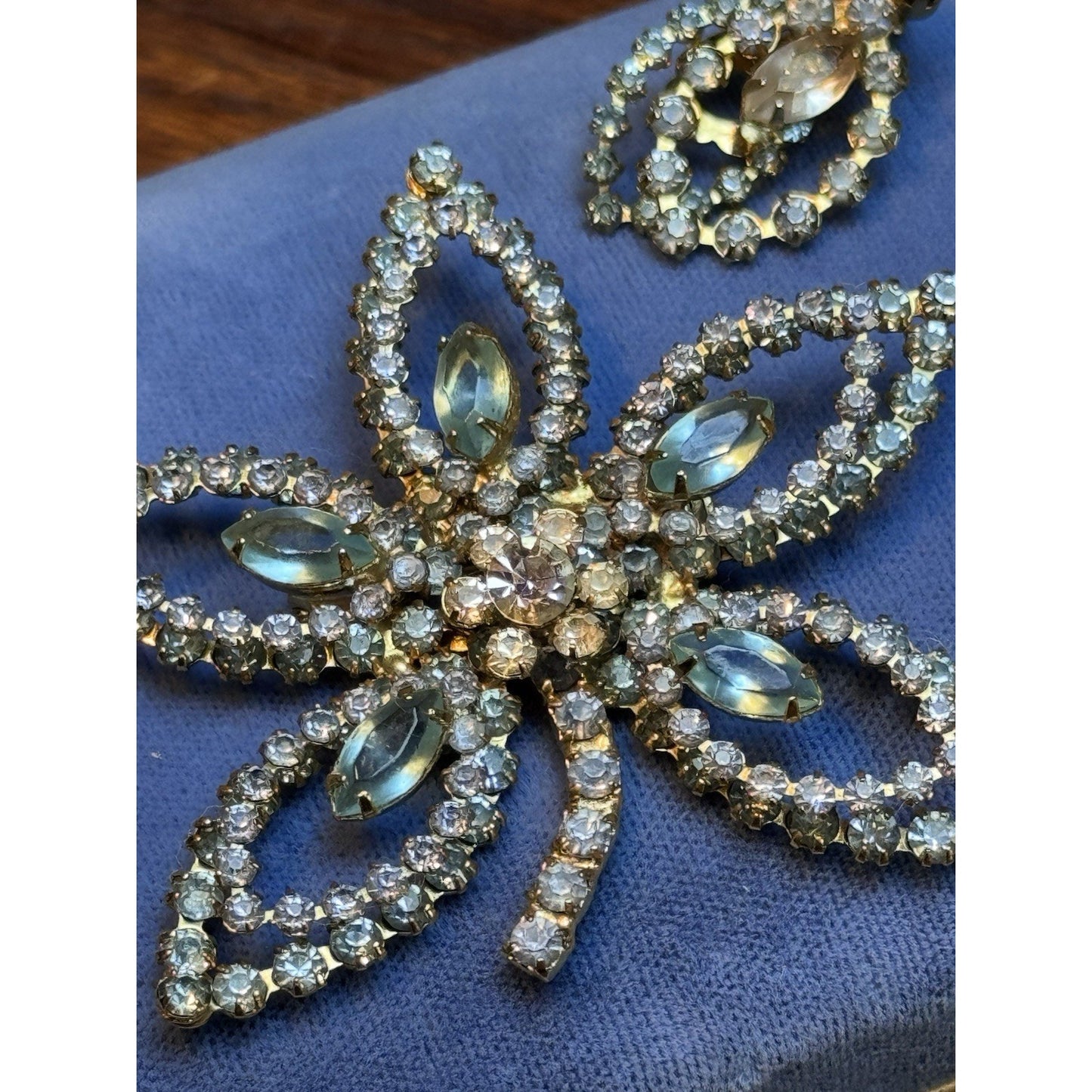 Vintage Rhinestone Brooch & Earring Set Blue Rhinestones Openwork Floral Design