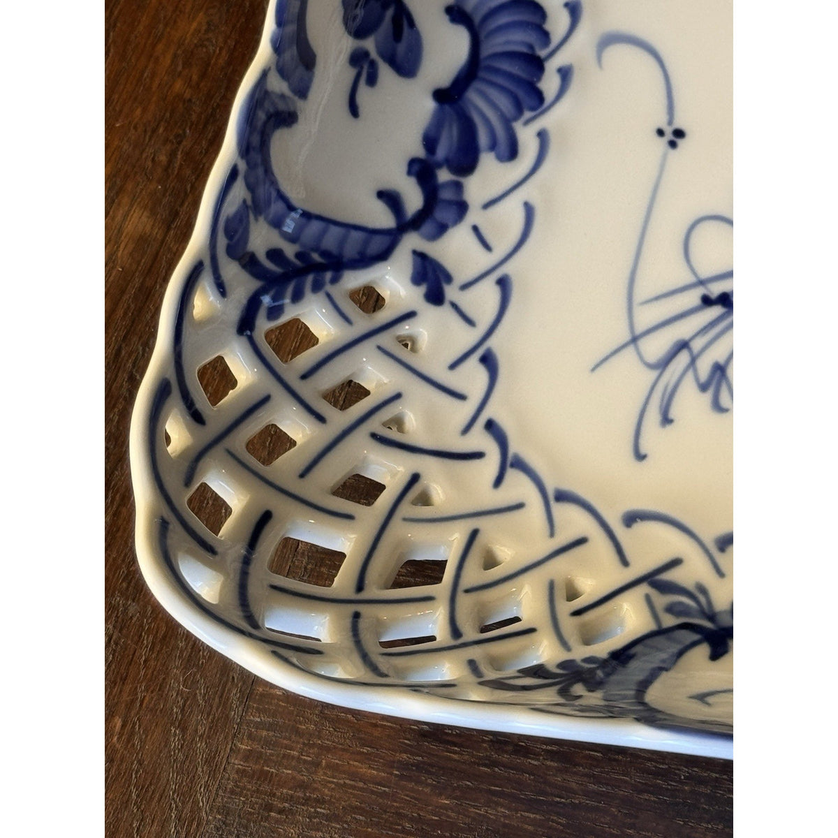 Royal Copenhagen Porcelain Reticulated Blue White Square Bowl 9.25” VINTAGE