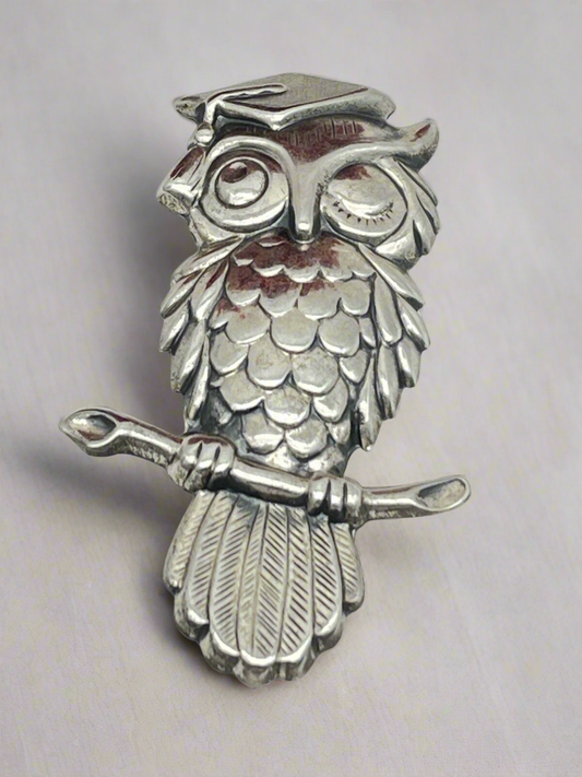 Vintage Wise Graduate Graduation Owl On Branch Brooch Beau Sterling Silver 925