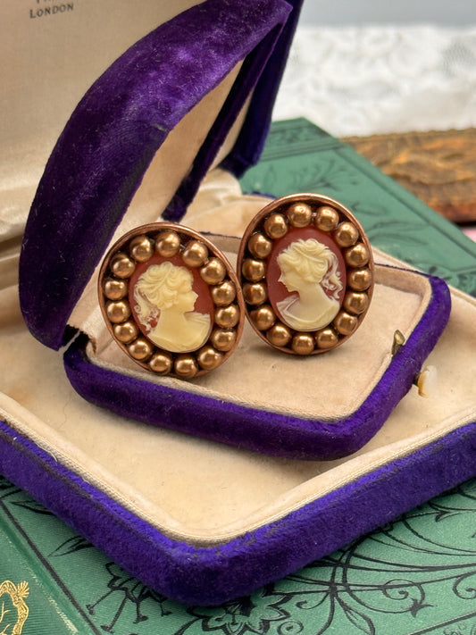 Vintage Copper Tone Faux Cameo Clip-On Earrings Estate Find