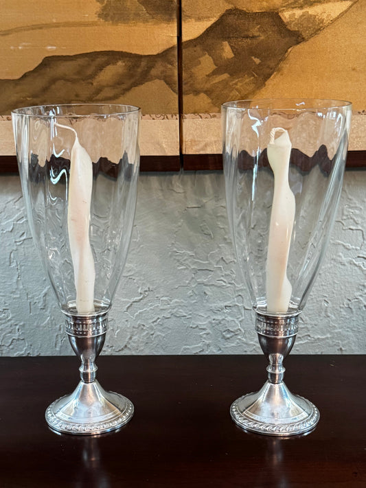 Vintage Hurricane Candlestick Pair Glass Chimneys 12” STERLING Weighted