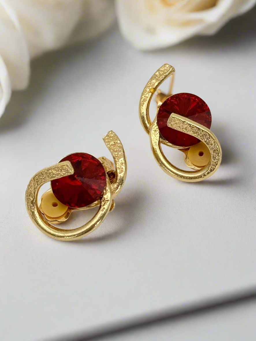 Modernist Red Rhinestone Couture Clip-on Earrings J. Jansen 24k Gold Plated