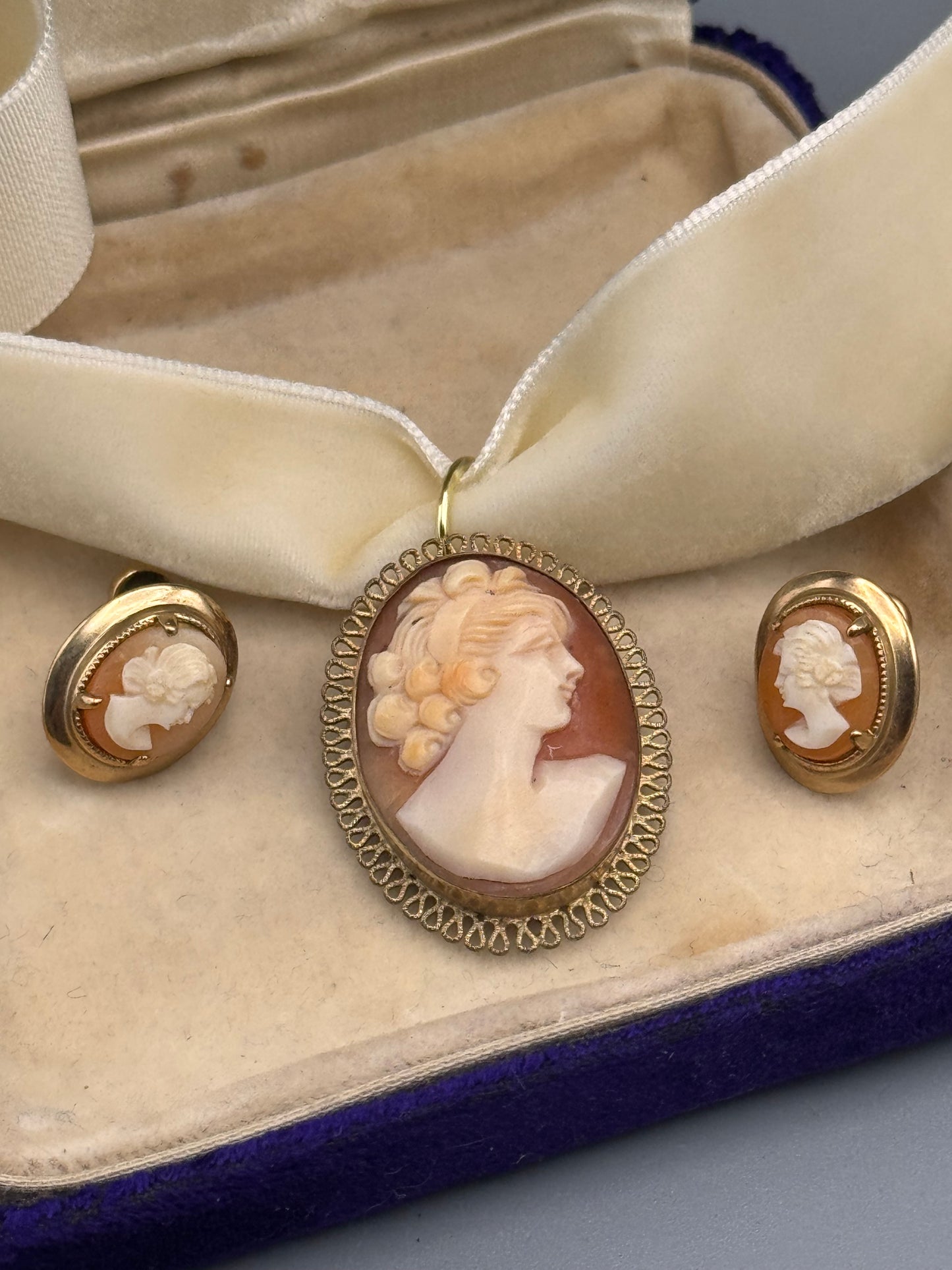 Gold Filled Cameo Brooch Pendant Screw Back Earring Set by AMCO