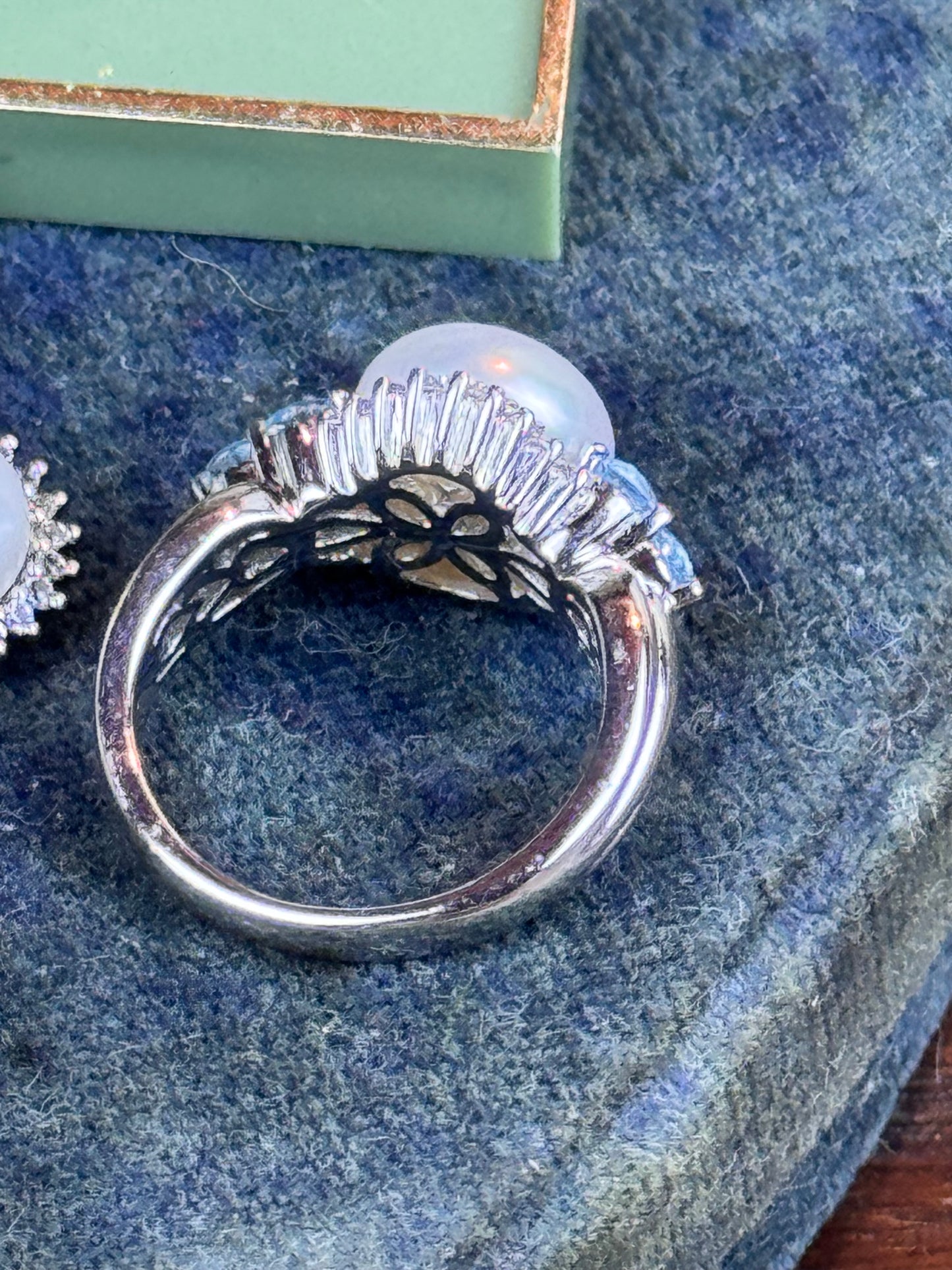 Vintage Sterling Silver Pearl Blue Stone Ring 6.75 & Earrings Set 925