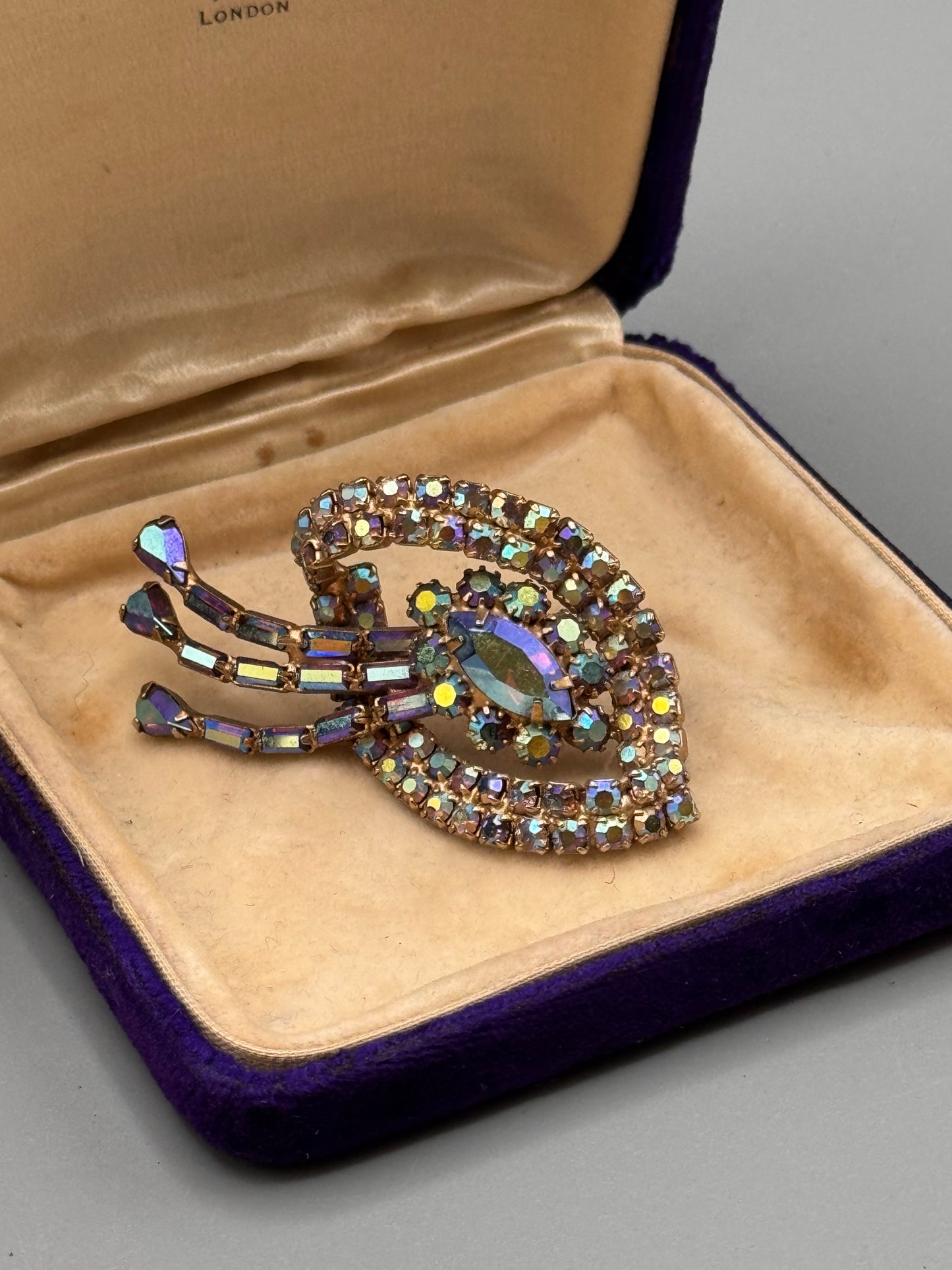 Vintage AB Rhinestone Brooch Blue Aurora Borealis Dangle Statement Pin