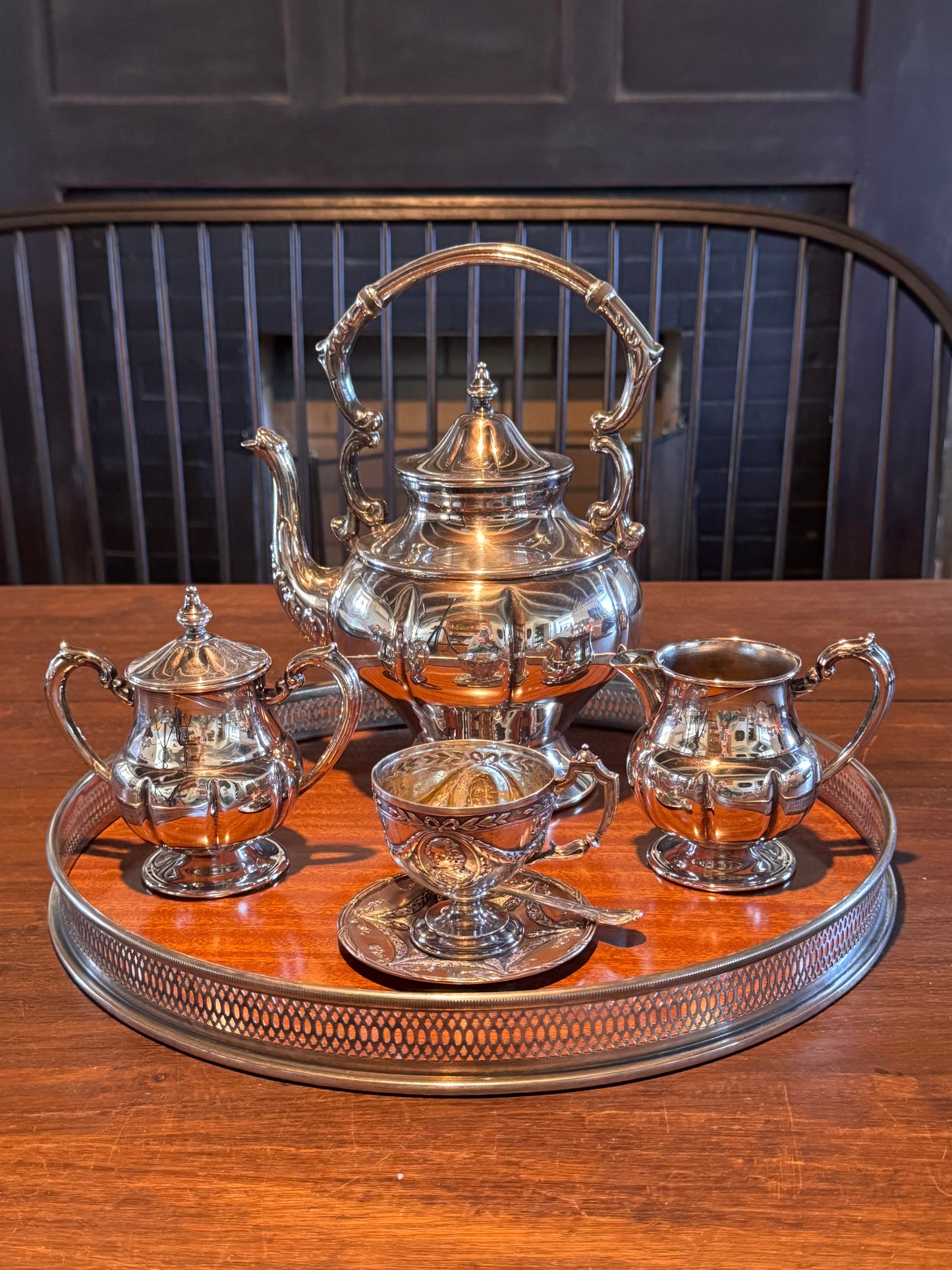 Silver Plate Tea Set 3Pc Footed Teapot Creamer Sugar Vintage