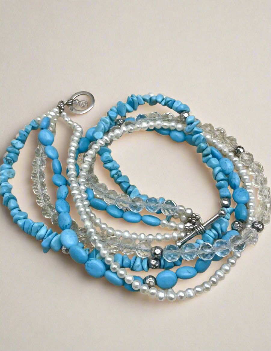 Signed “Turquoise” Color Stones Pearl & Crystal 925 Sterling Necklace