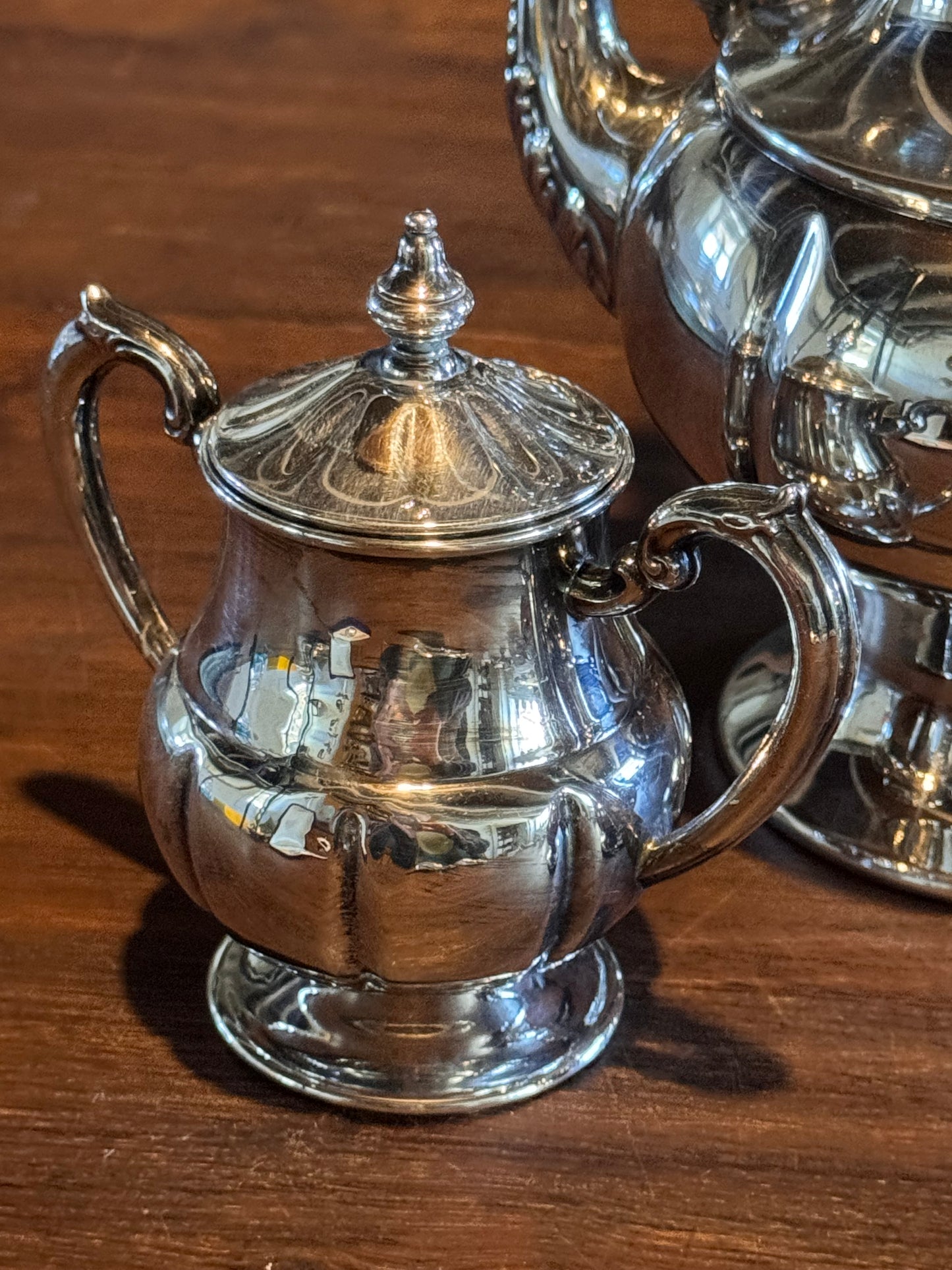 Silver Plate Tea Set 3Pc Footed Teapot Creamer Sugar Vintage