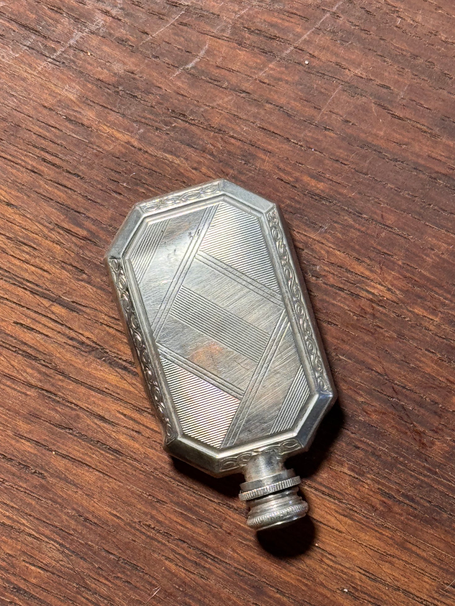 800 Silver Perfume Bottle Art Deco Engine Turned 2.25” Antique