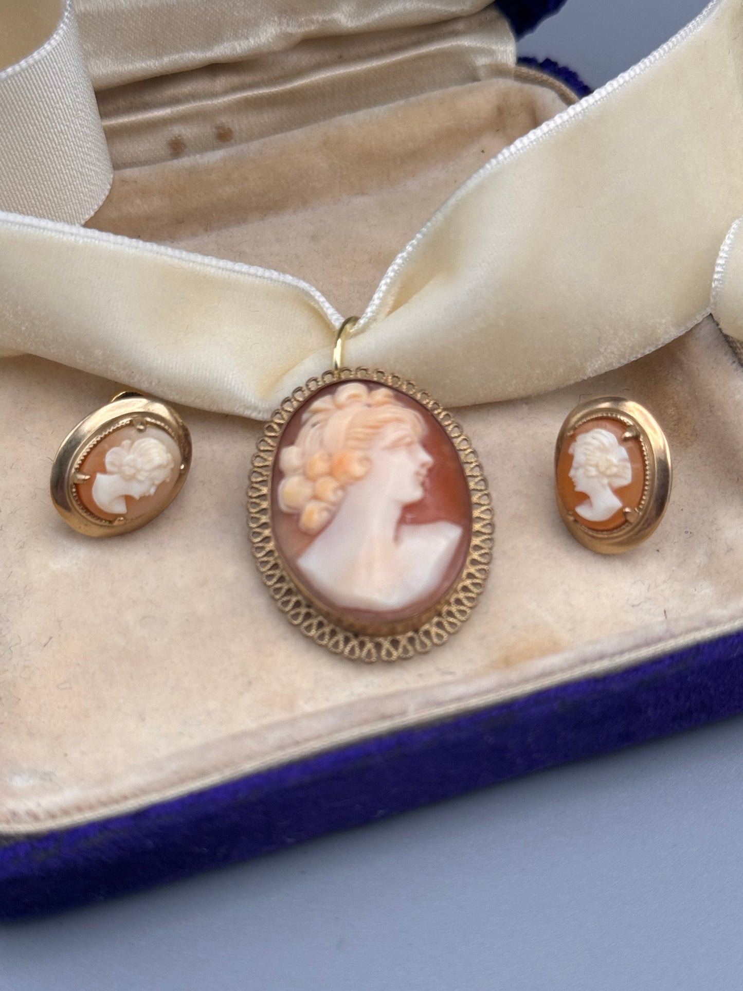 Gold Filled Cameo Brooch Pendant Screw Back Earring Set by AMCO