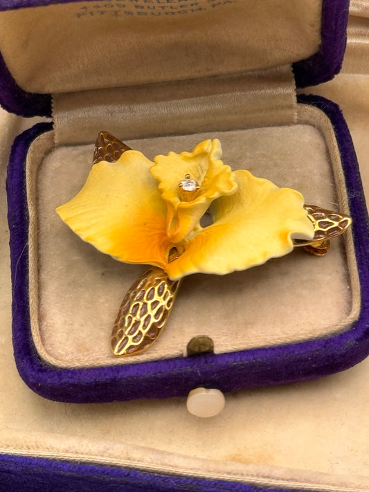 Vintage Joan Rivers Orchid Brooch Yellow Enamel Rhinestone Goldtone Signed 1.75”