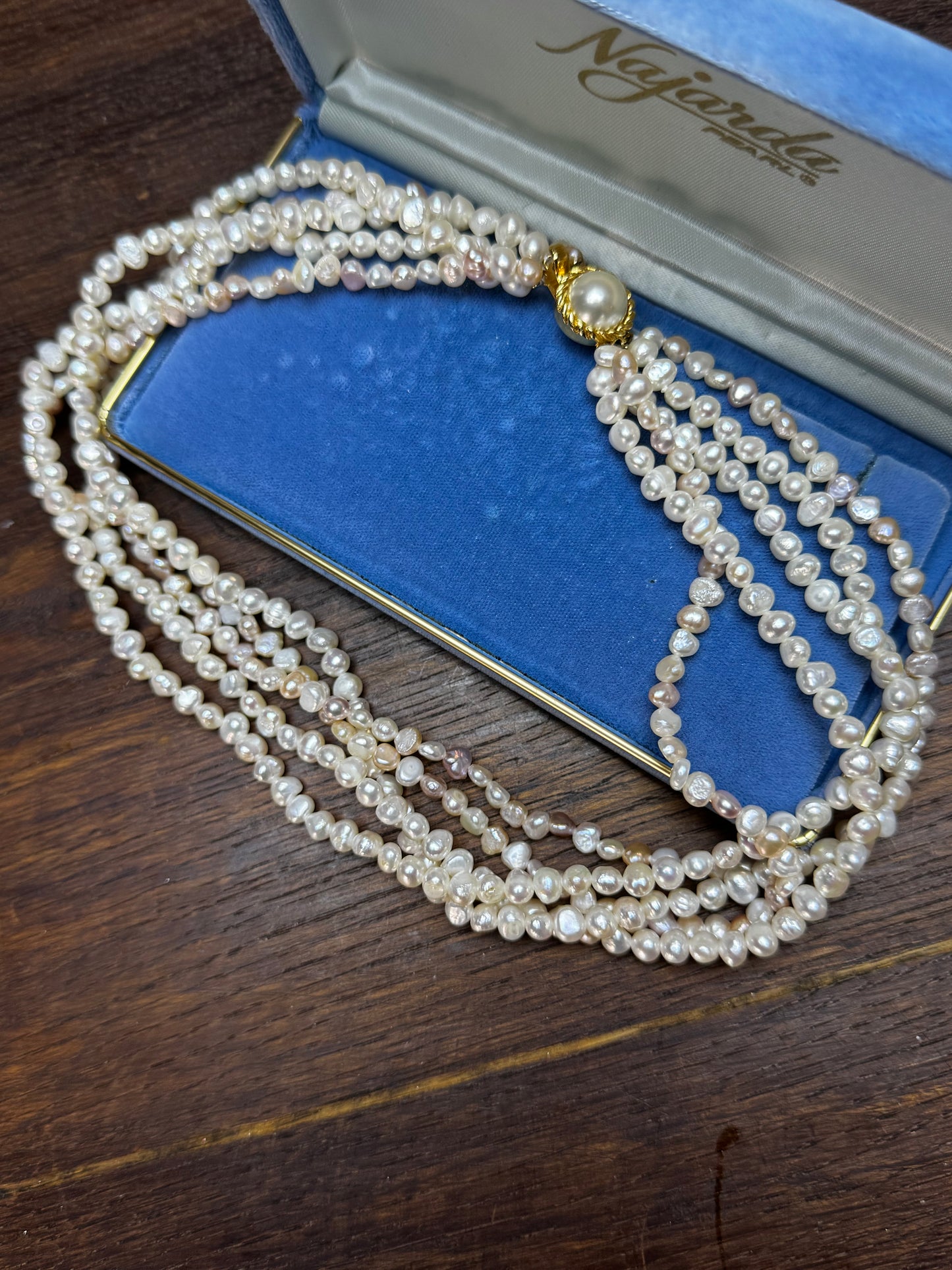 Vintage 5 Strand Freshwater Pearl Necklace Goldtone Clasp 17.5”