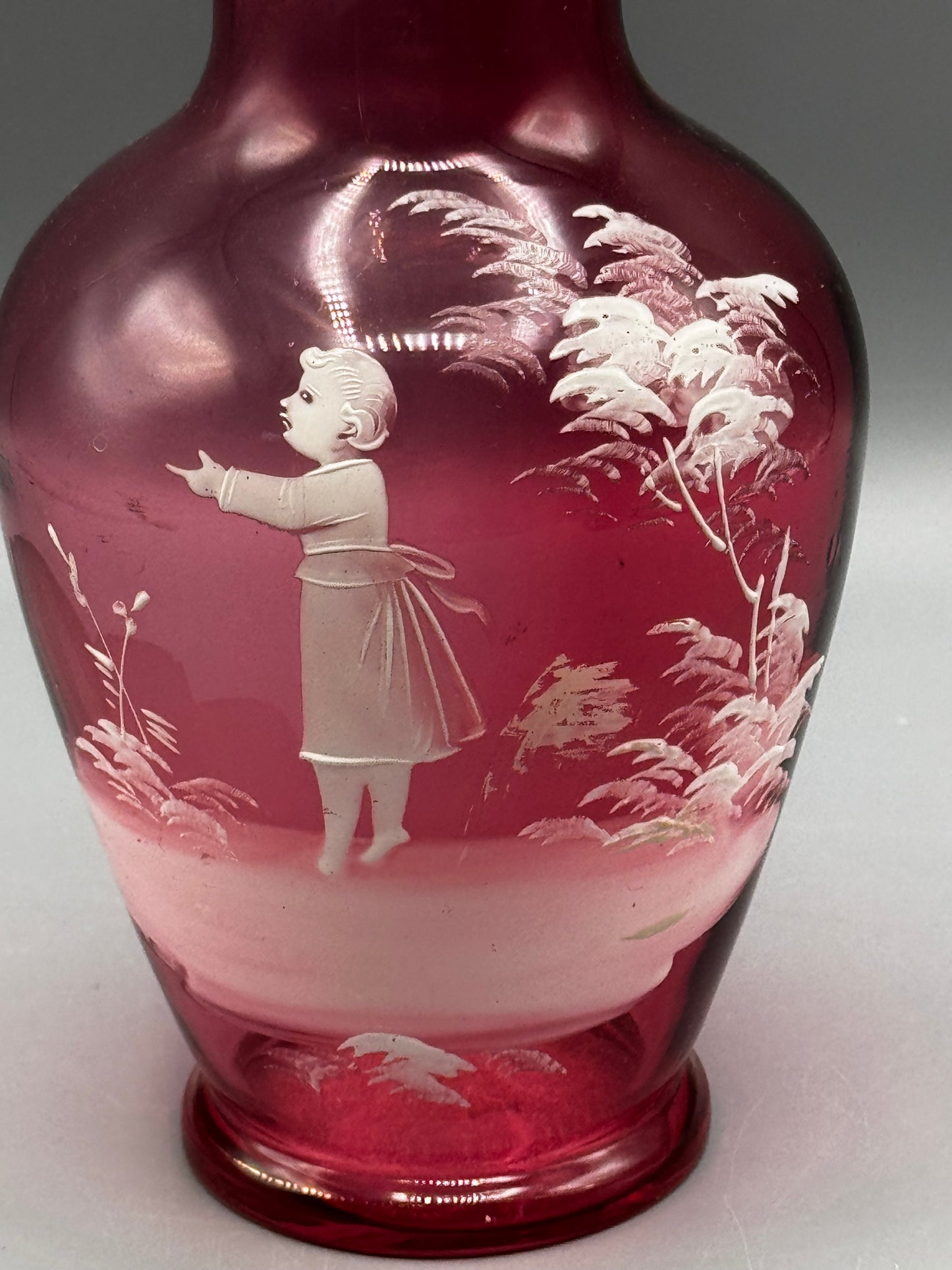Vintage Mary Gregory Style Cranberry Glass Vase Hand Painted Child 8.5”