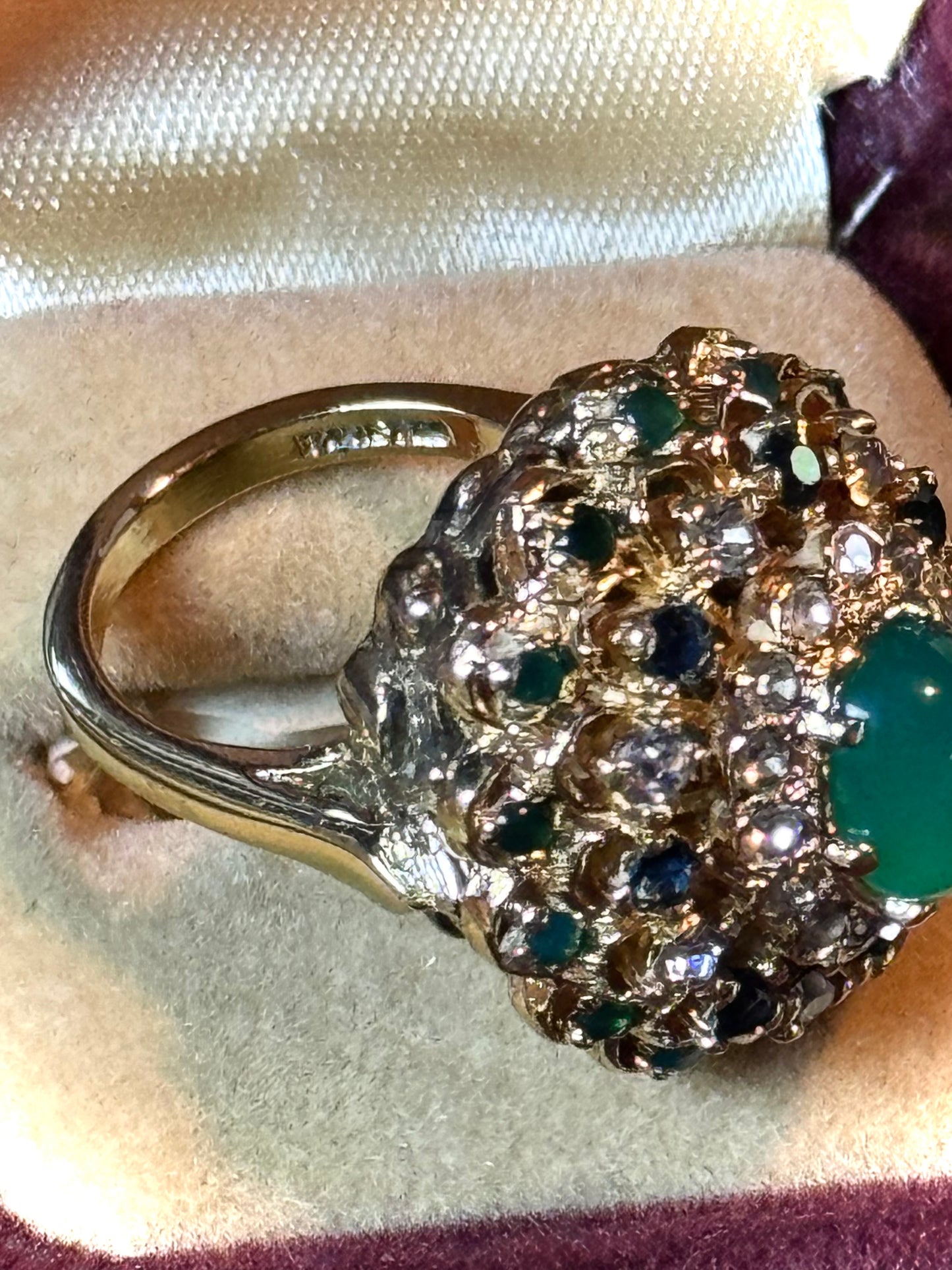 Vintage Sterling Gold Plated Princess Ring Green Jade Tone Cabochon Rhinestones Sz 6.75