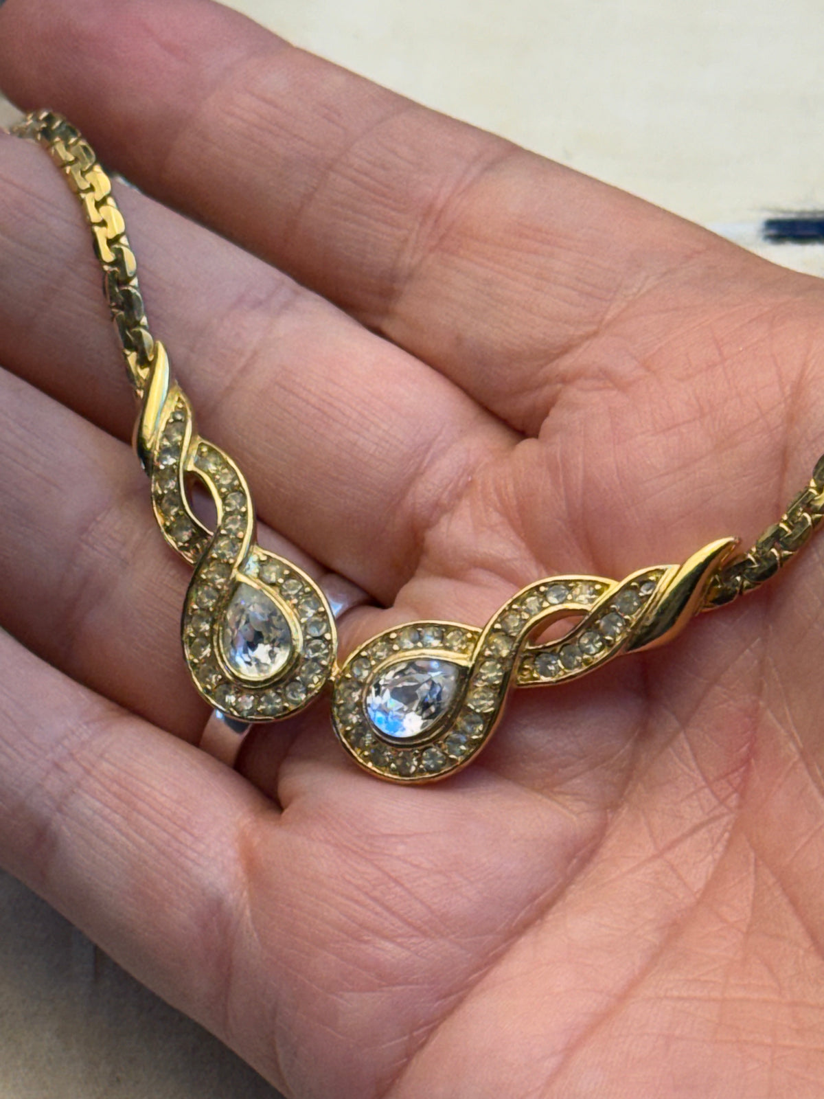 Vintage Trifari TM Necklace Goldtone Clear Crystals Signed 80s Couture