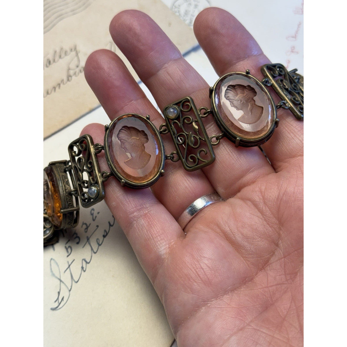 Pre-Owned Extasia Bracelet Pink Glass Intaglio Cameo Victorian Revival Filigree