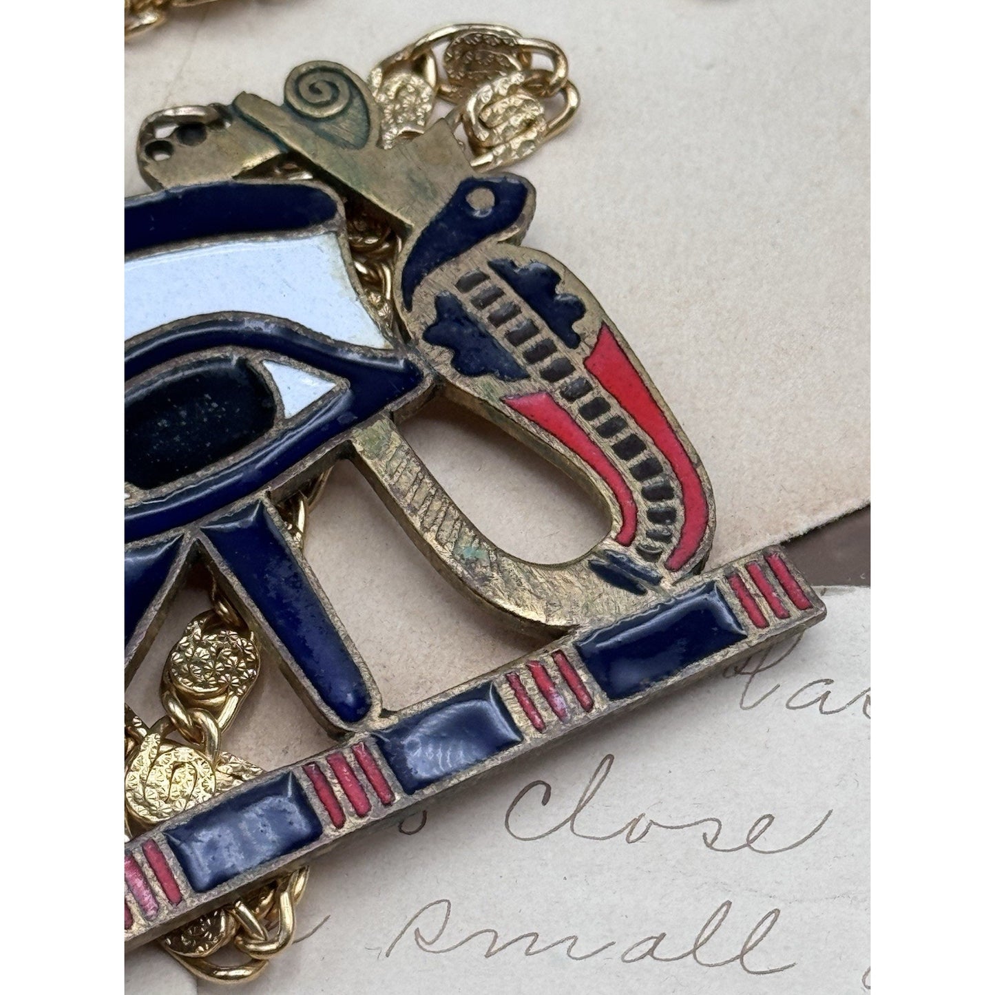 Vintage Egyptian Revival Eye of Horus Enamel Brass Statement Necklace 24”