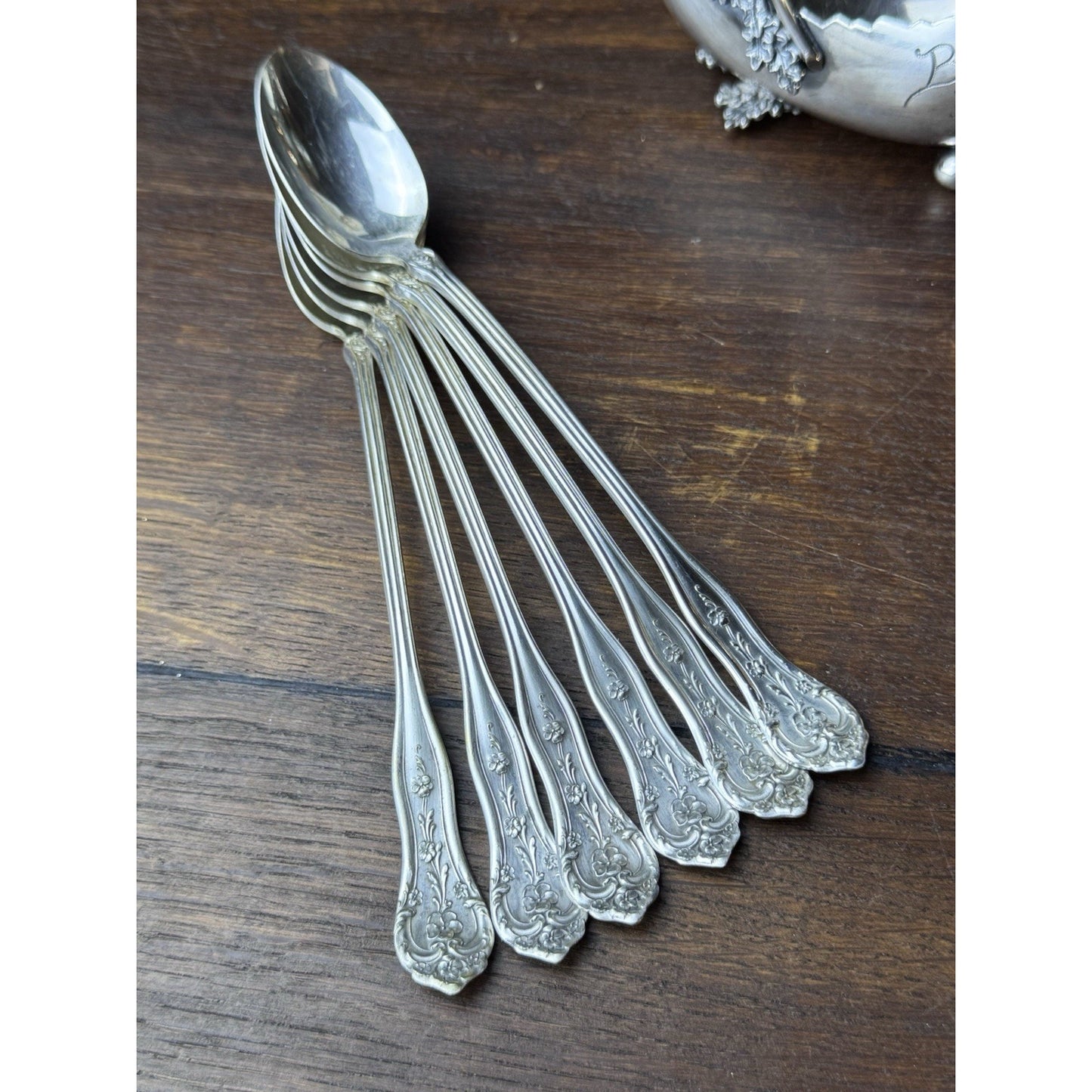 Vintage Extra Coin Silver Plate Iced Tea Spoons Set 6 Floral 7.5”