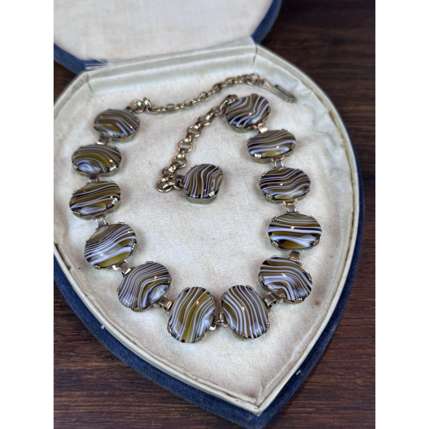 Vintage Goldtone Lucite Faux “Banded Agate” Necklace 16” Oval Panel Statement