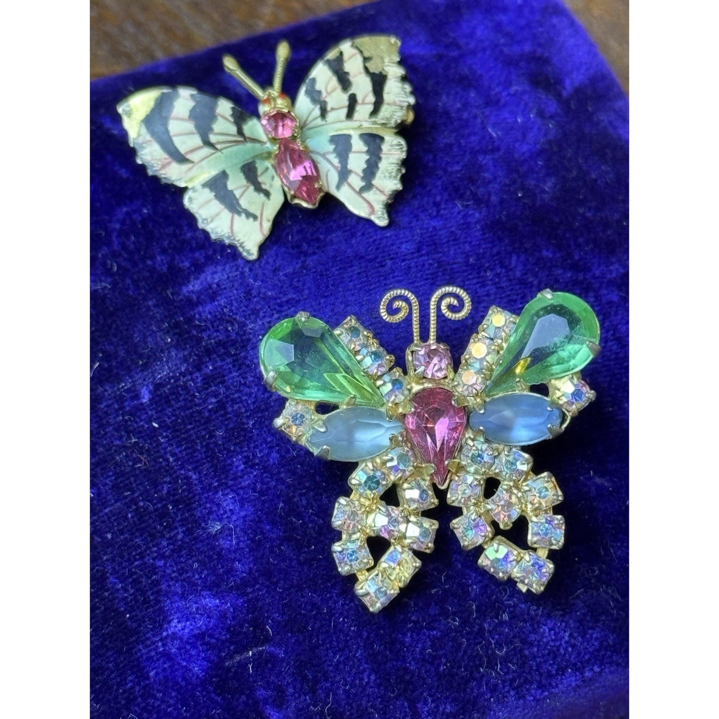 Butterfly Brooch Pair Weiss Rhinestone & Czech Hand Painted Enamel Moth WEAR‼️