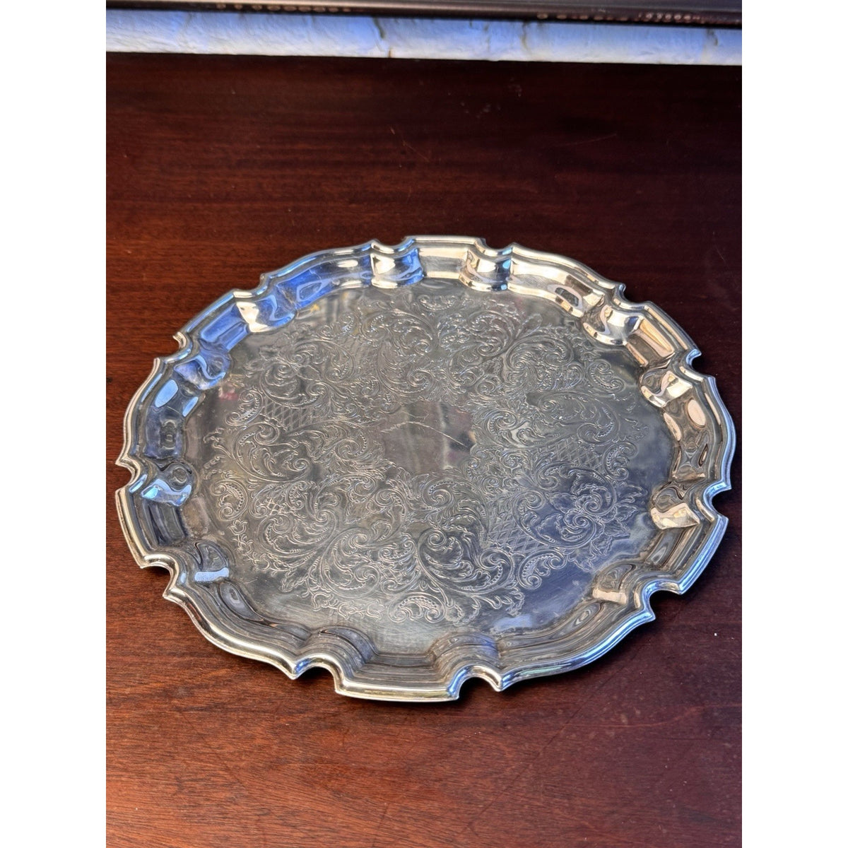 Silverplate Round Tray Towle Ornate Floral Scroll Scalloped Rim