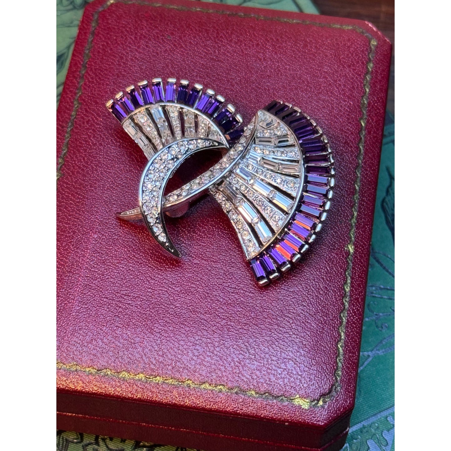 Vintage Blue Rhinestone Brooch Floral Ribbon Bow Statement