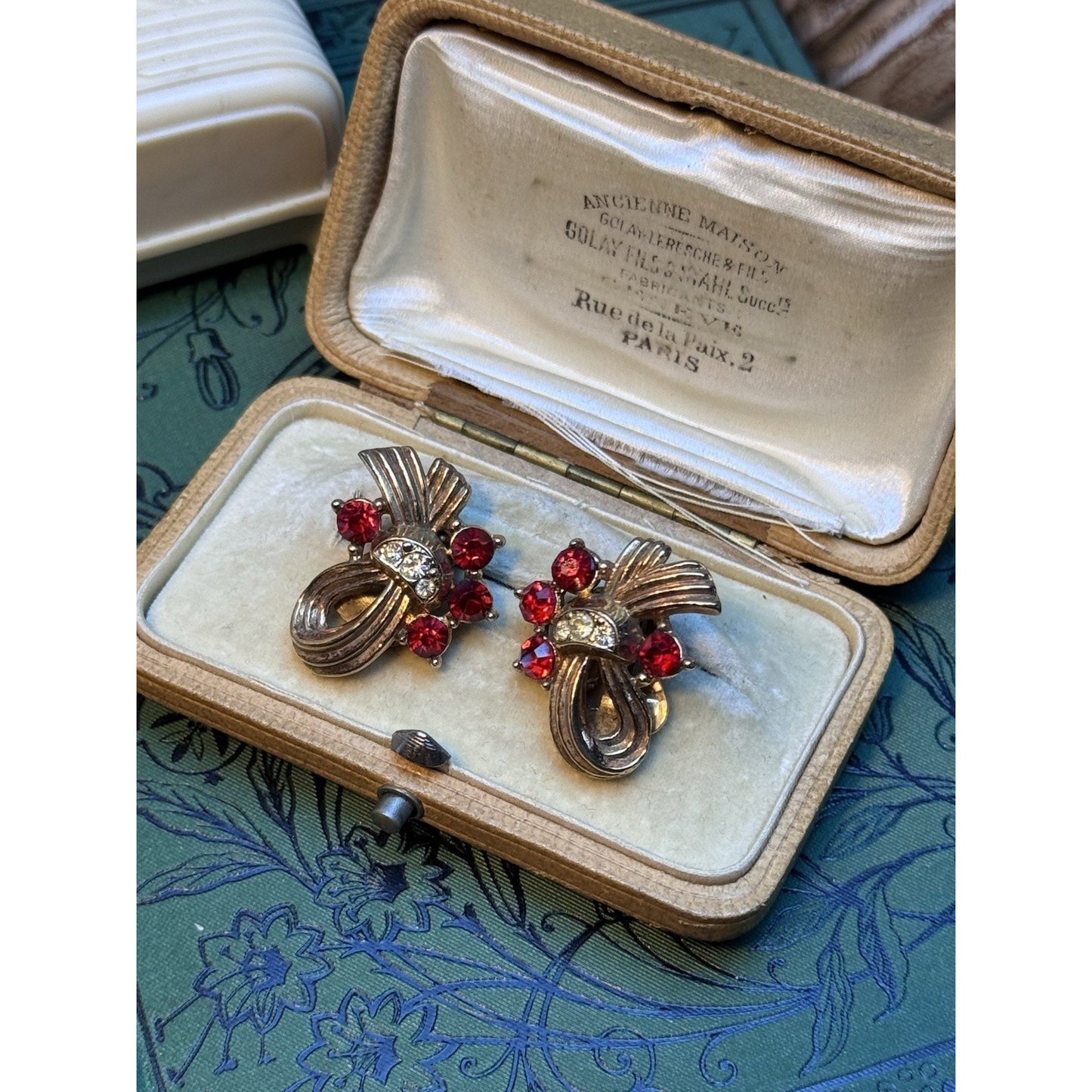 Vintage Ribbon Clip-On Earrings Rose Goldtone Red Clear Rhinestones 1”