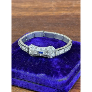 NOV-E-Line Bracelet 6” 1920s Art Deco Silvertone Rhinestone Blue Glass