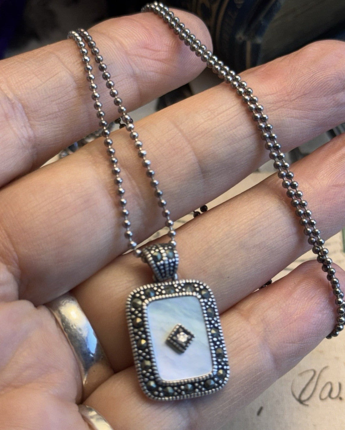 925 Sterling Silver Mother Of Pearl Marcasite Pendant Necklace 23” Ball Chain 1”
