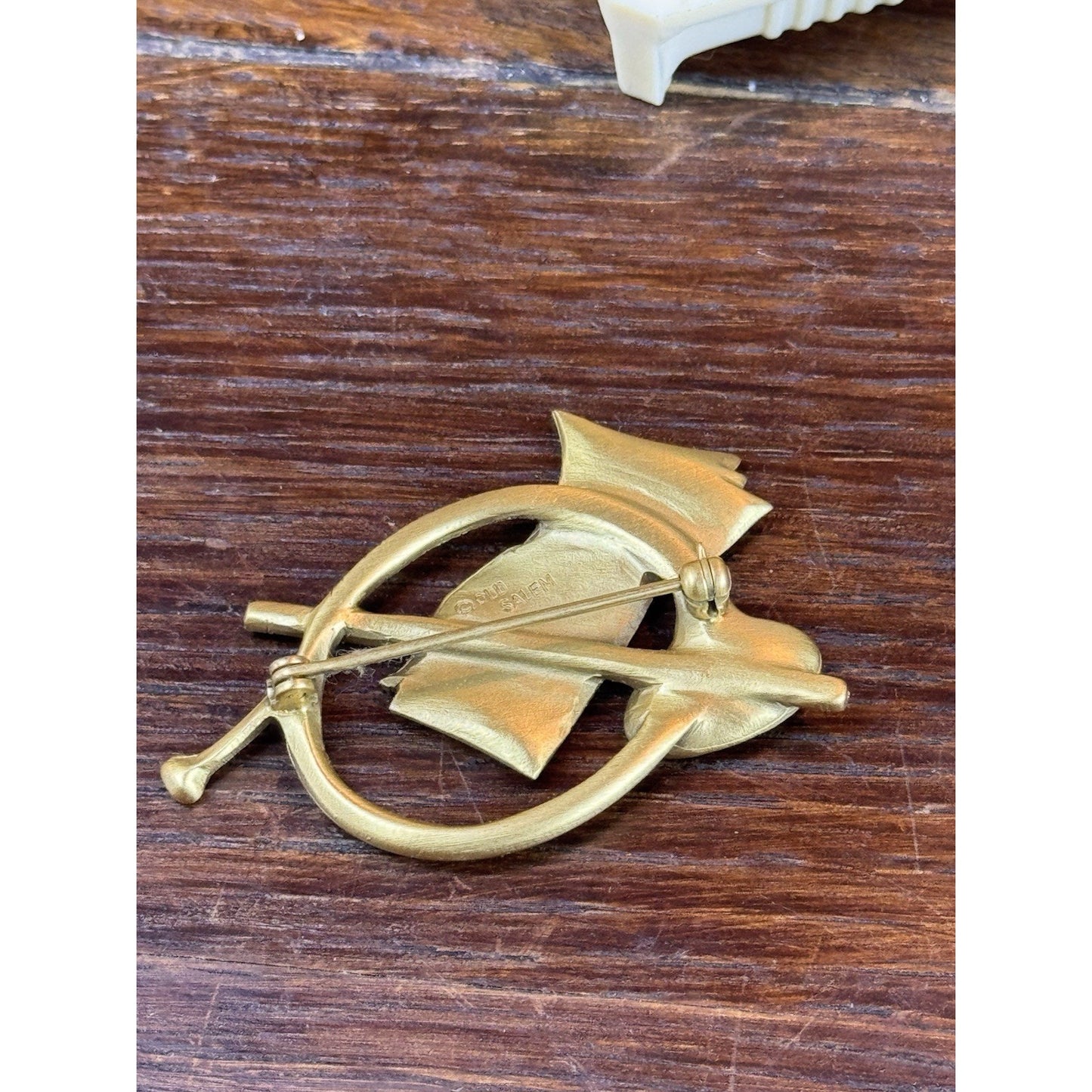Vintage Brooch Goldtone French Horn Sheet Music Signed Old Salem 2”