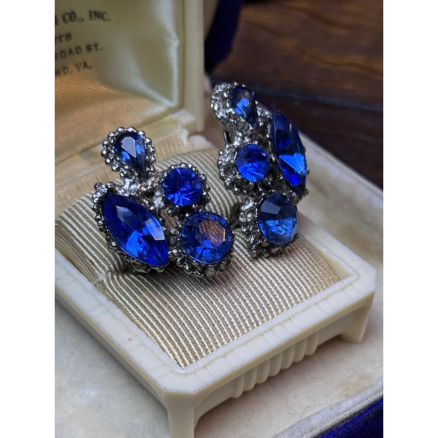Vintage Cobalt Blue Rhinestone Clip On Earrings Silvertone
