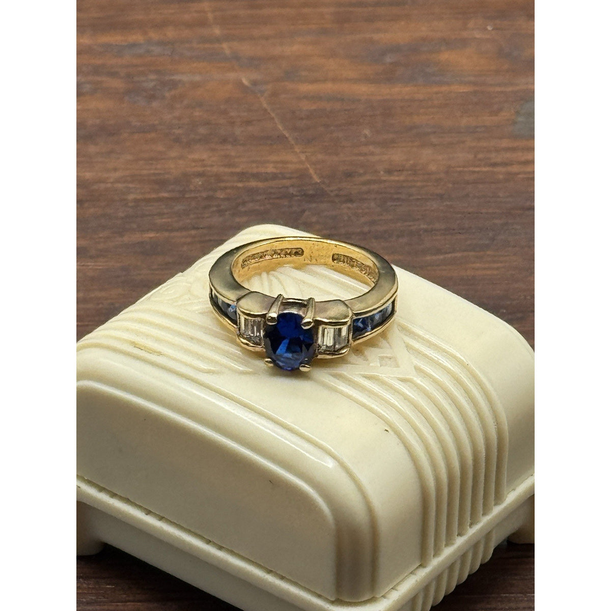 Goldplated Ring Blue Rhinestone Oval Baguette Cocktail Statement Size 7.75