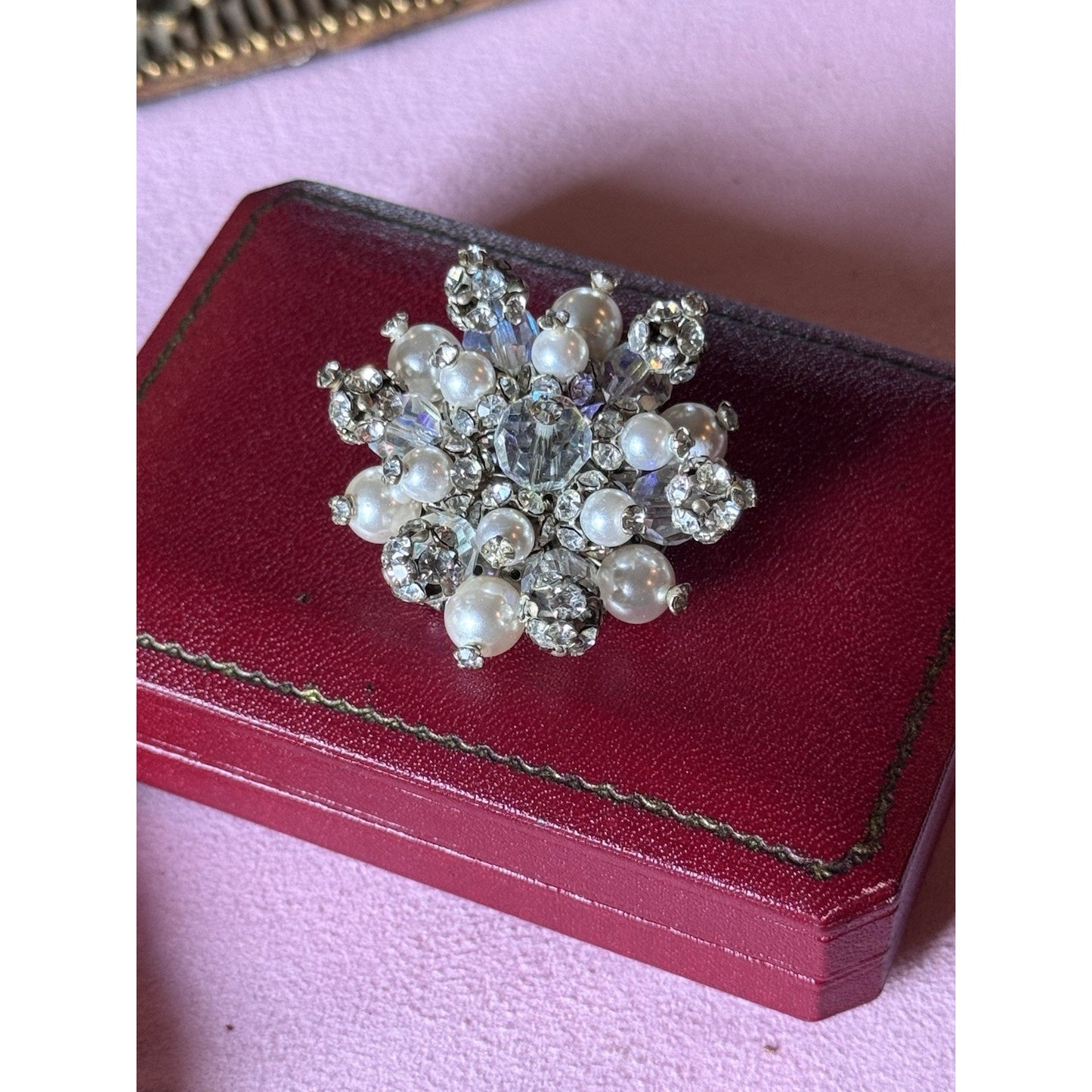 Vintage Brooch Faux Pearl Rhinestone Cluster Silvertone Crystal Bead Pin