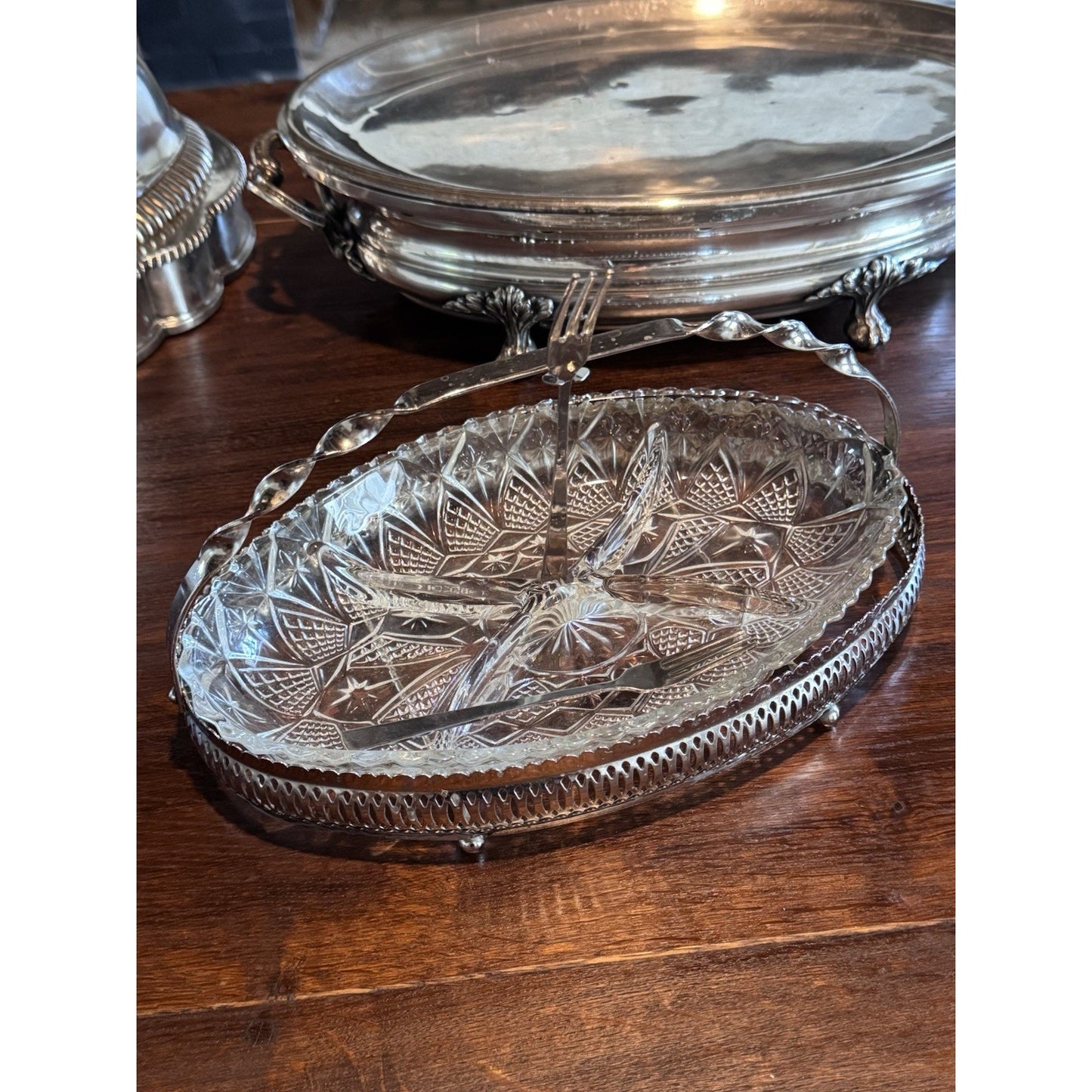 Vintage Silverplate Relish Tray Cut Glass Divided Dish Pickle Castor w Forks