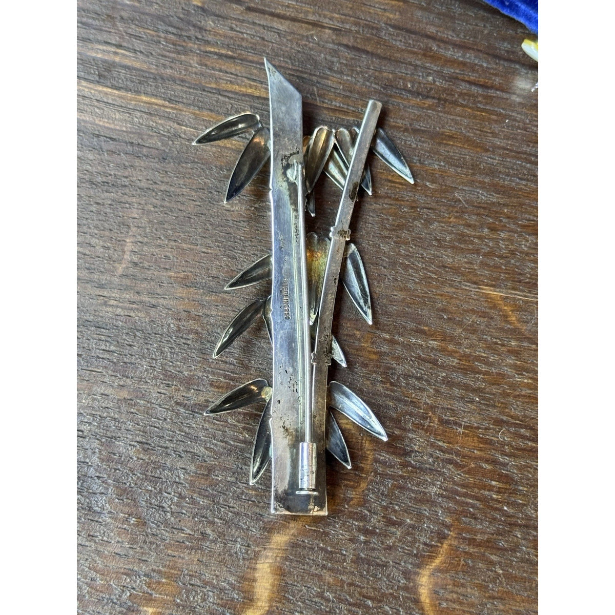 Vintage Sterling Silver Bamboo Brooch 3” Figural Nature Trombone Clasp