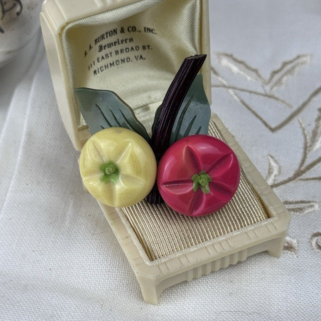 Plastic Fruit Brooch Pink Yellow Persimmon Figural Pin 2” Mid Century VINTAGE