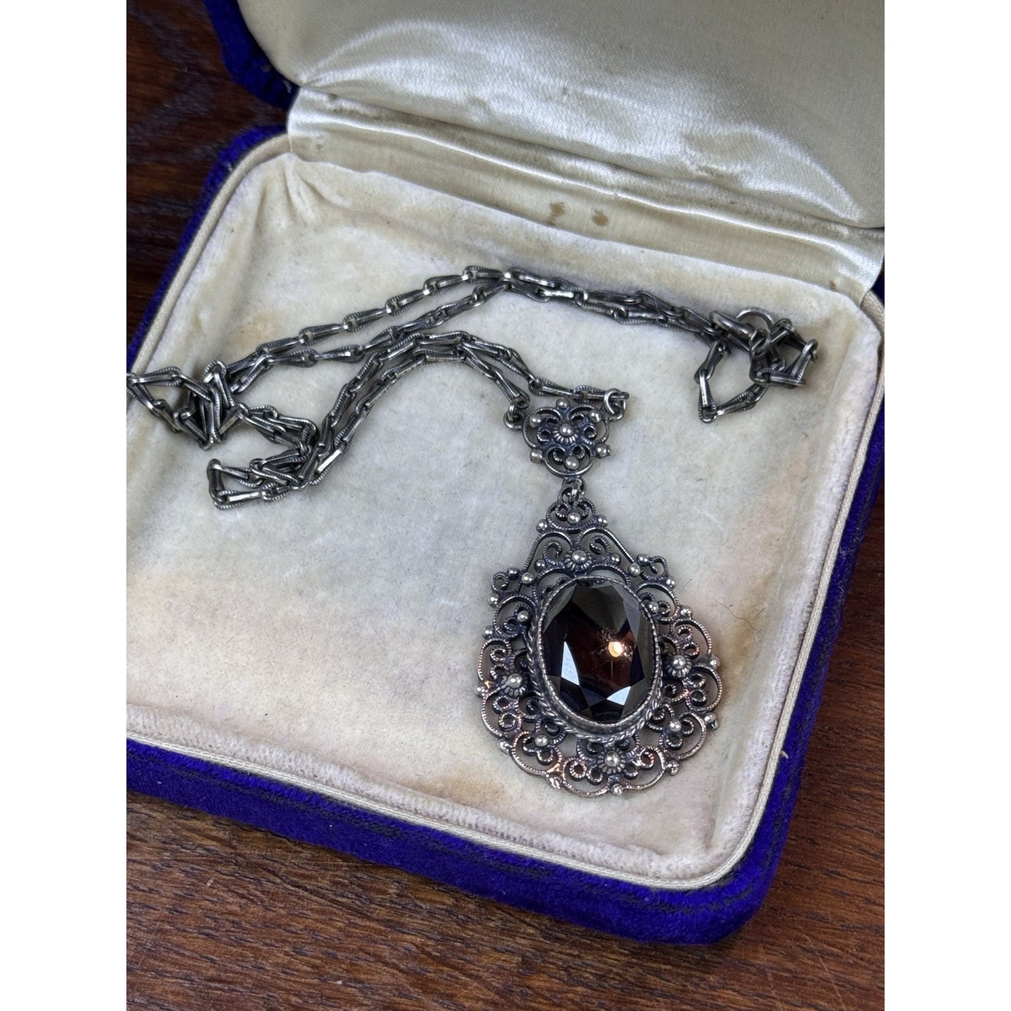VTG Danecraft Sterling Silver Hematite Ornate Filigree Necklace w/ Original Tag