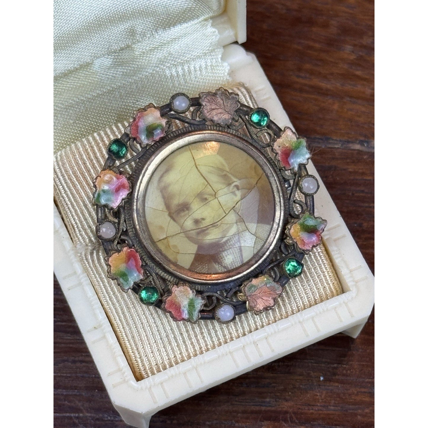 Antique Photo Button Converted Brooch Enamel Rhinestones 1.25” Round