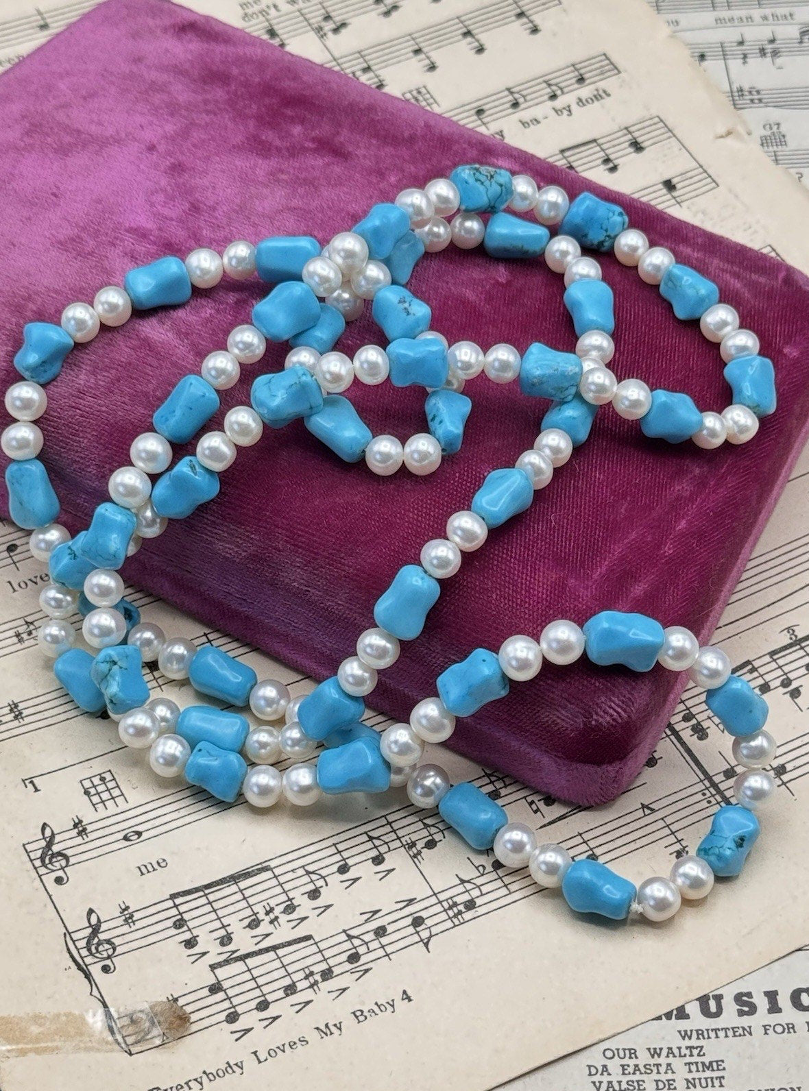 Cultured Pearl Blue/Green Stone Long Necklace 41” ESTATE FIND