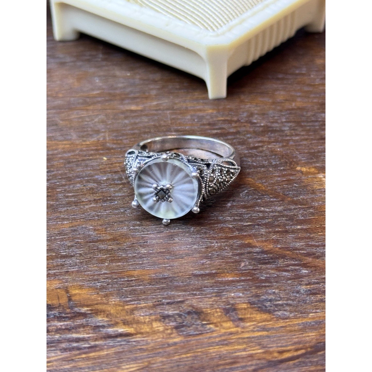 Sterling Silver Camphor Glass Marcasite Ring Size 6.75 Art Deco Style